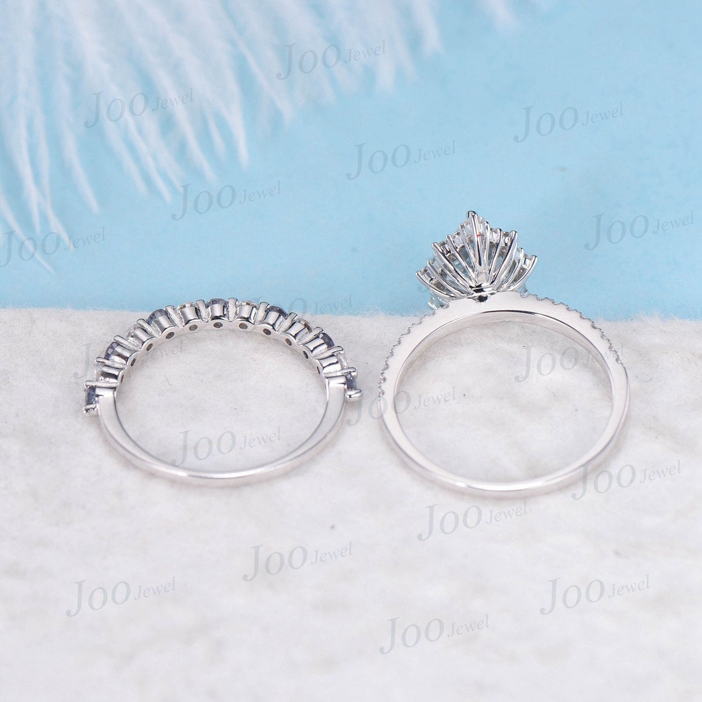 Pear Shaped Color-Change Alexandrite Wedding Bridal Ring Set 10K White Gold Half Eternity Halo Moissanite Ring June Birthstone Wedding Band