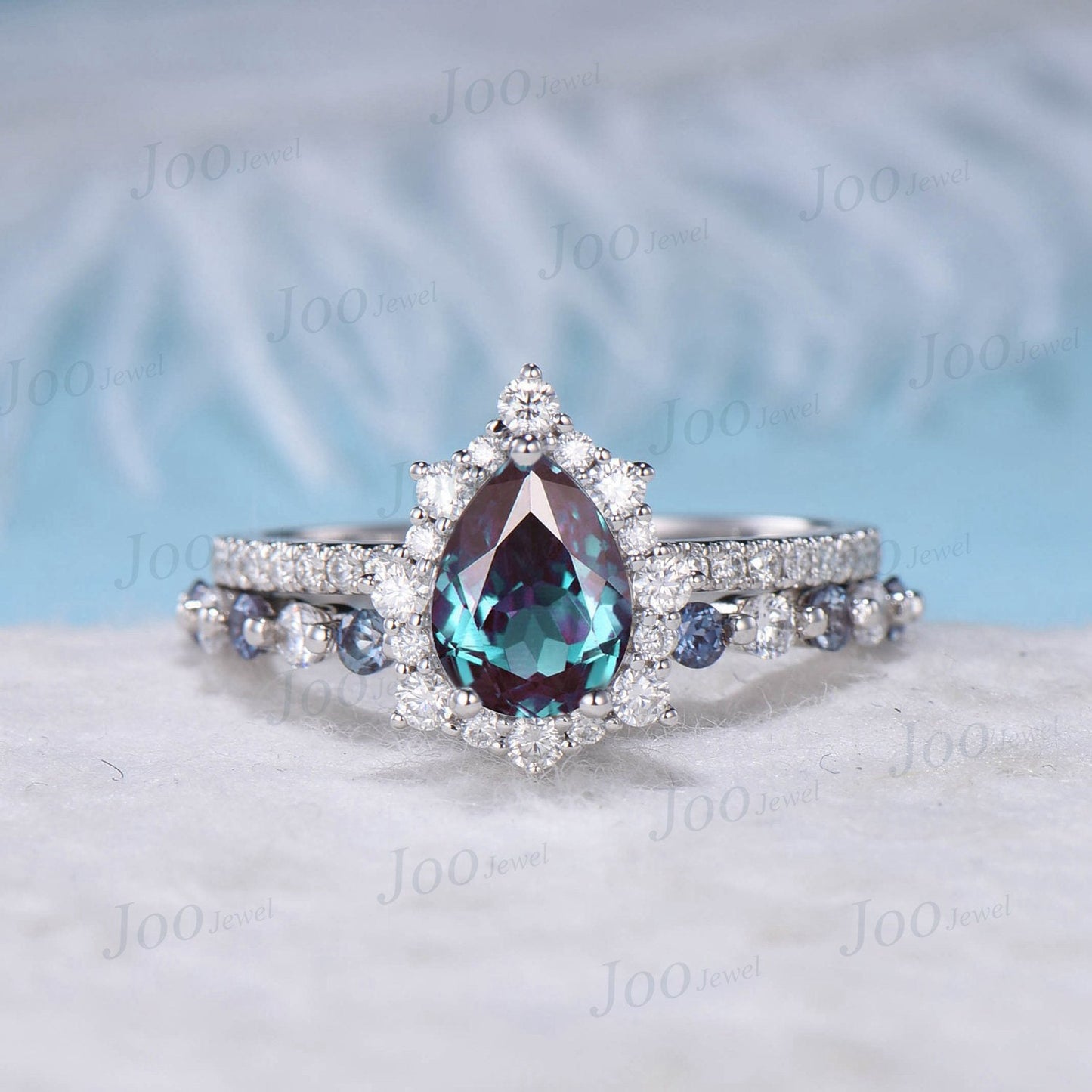 Pear Shaped Color-Change Alexandrite Wedding Bridal Ring Set 10K White Gold Half Eternity Halo Moissanite Ring June Birthstone Wedding Band