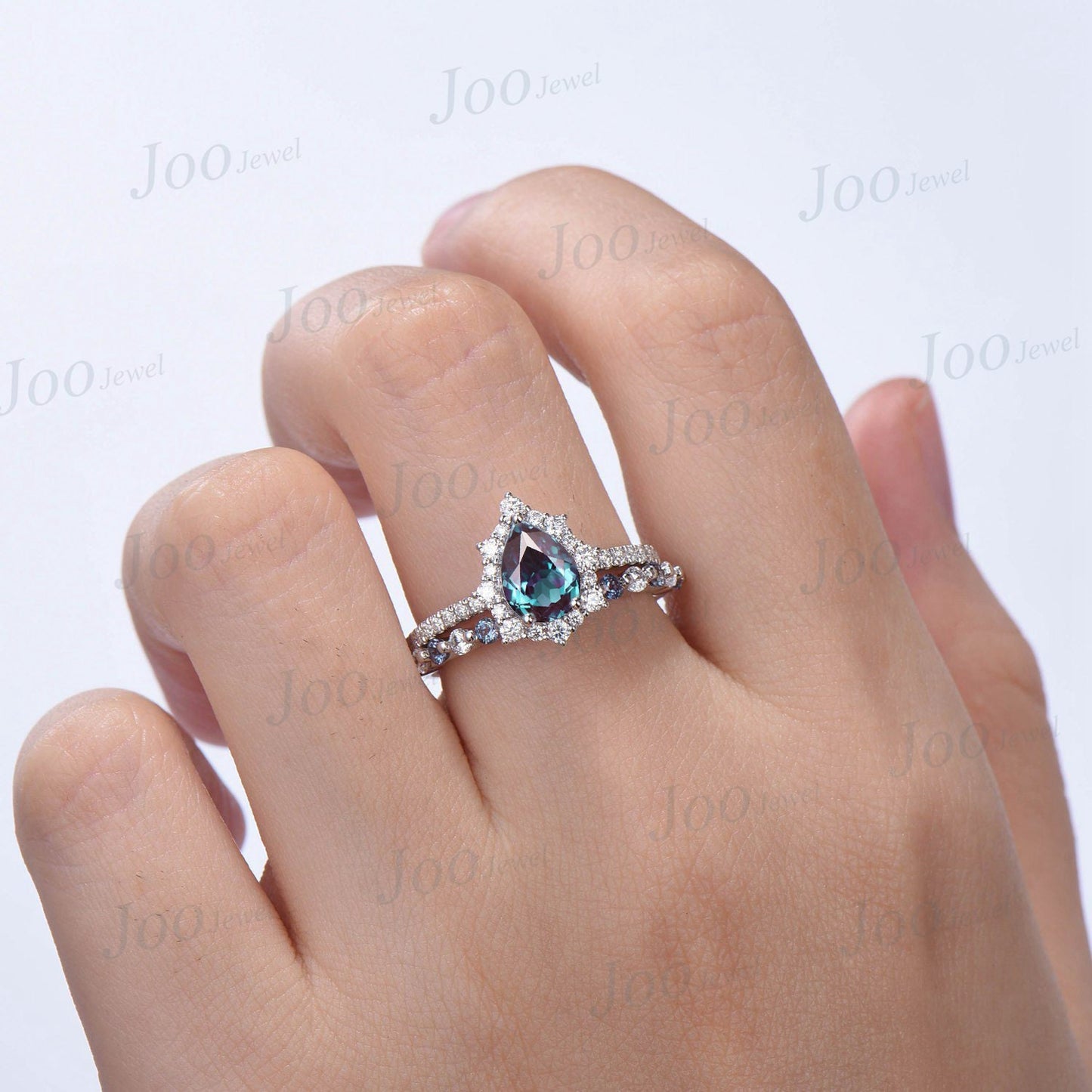 Pear Shaped Color-Change Alexandrite Wedding Bridal Ring Set 10K White Gold Half Eternity Halo Moissanite Ring June Birthstone Wedding Band