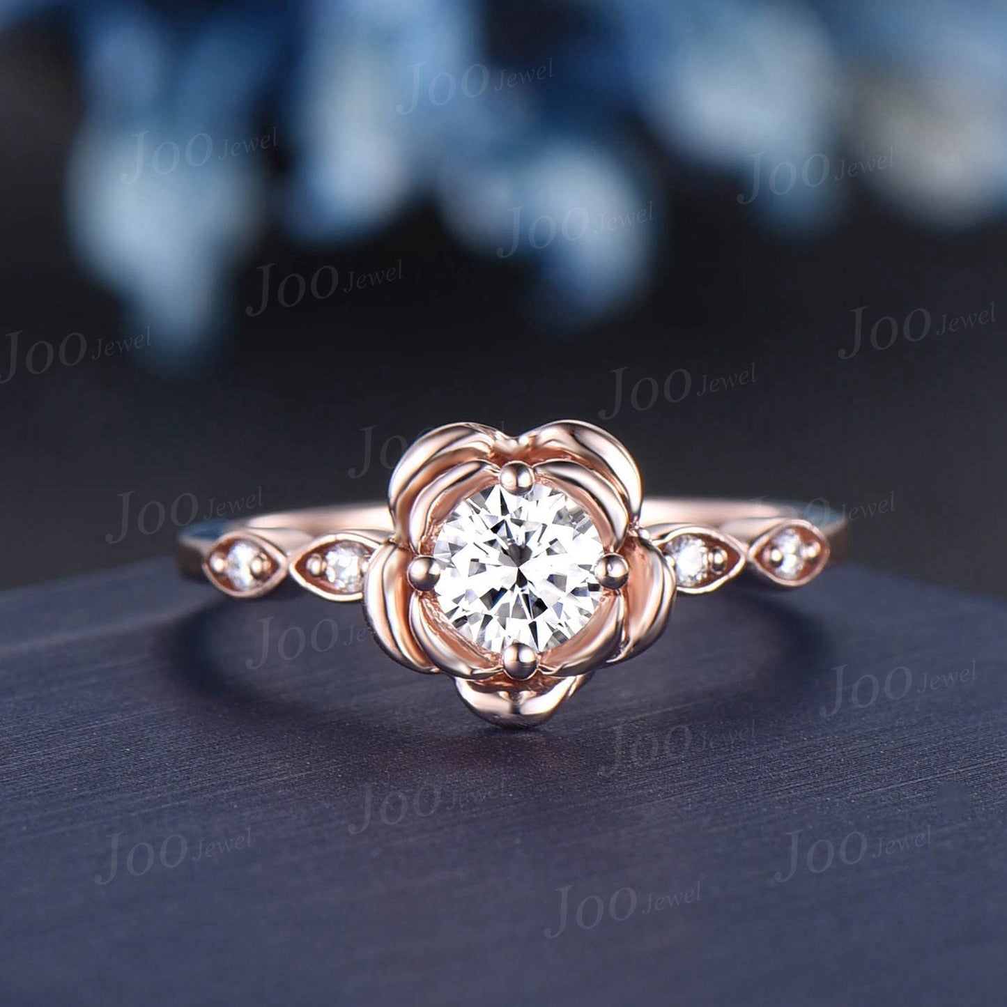 Rose Flower Engagement Ring Round Cut Floral Moissanite Ring 10K/14K/18K Rose Gold Vintage Leaf Diamond Bridal Ring Unique Anniversary Gifts