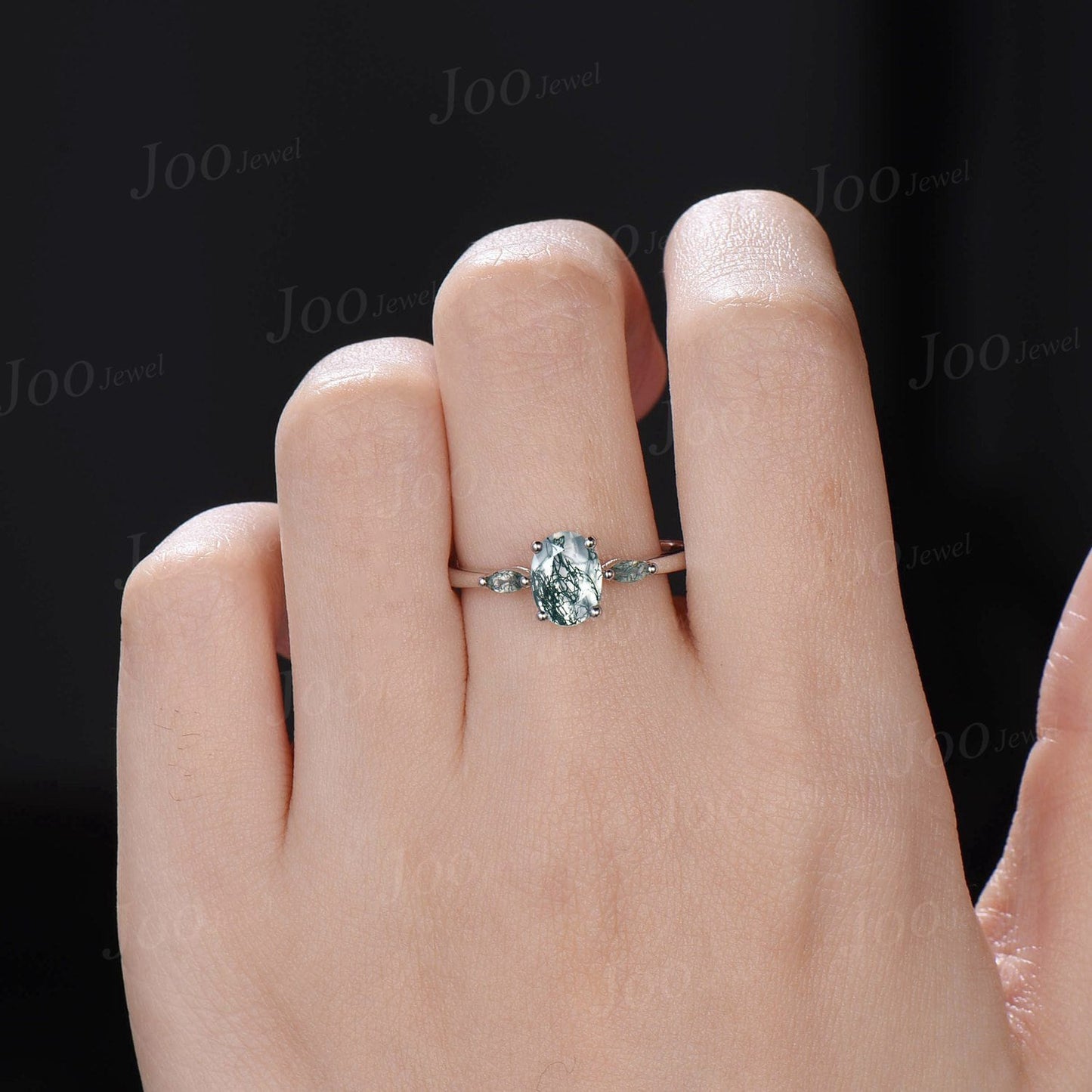 1.5ct Oval Natural Moss Agate Engagement Ring 10K/14K/18K Rose Gold Three Stone Aquatic Agate Promise Ring Marquise Moss Agate Wedding Ring