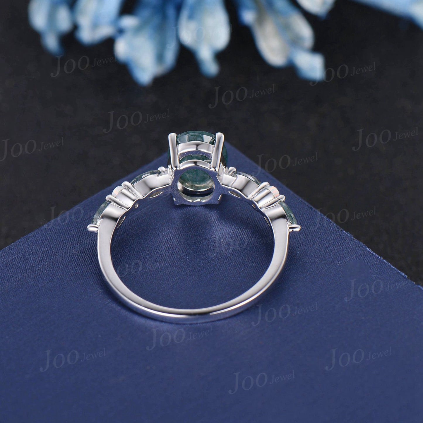 Half Eternity Moss Agate Engagement Ring 10K White Gold 2ct Oval Natural Green Moss Agate Ring Unique Moss Opal Wedding Ring Platinum Ring