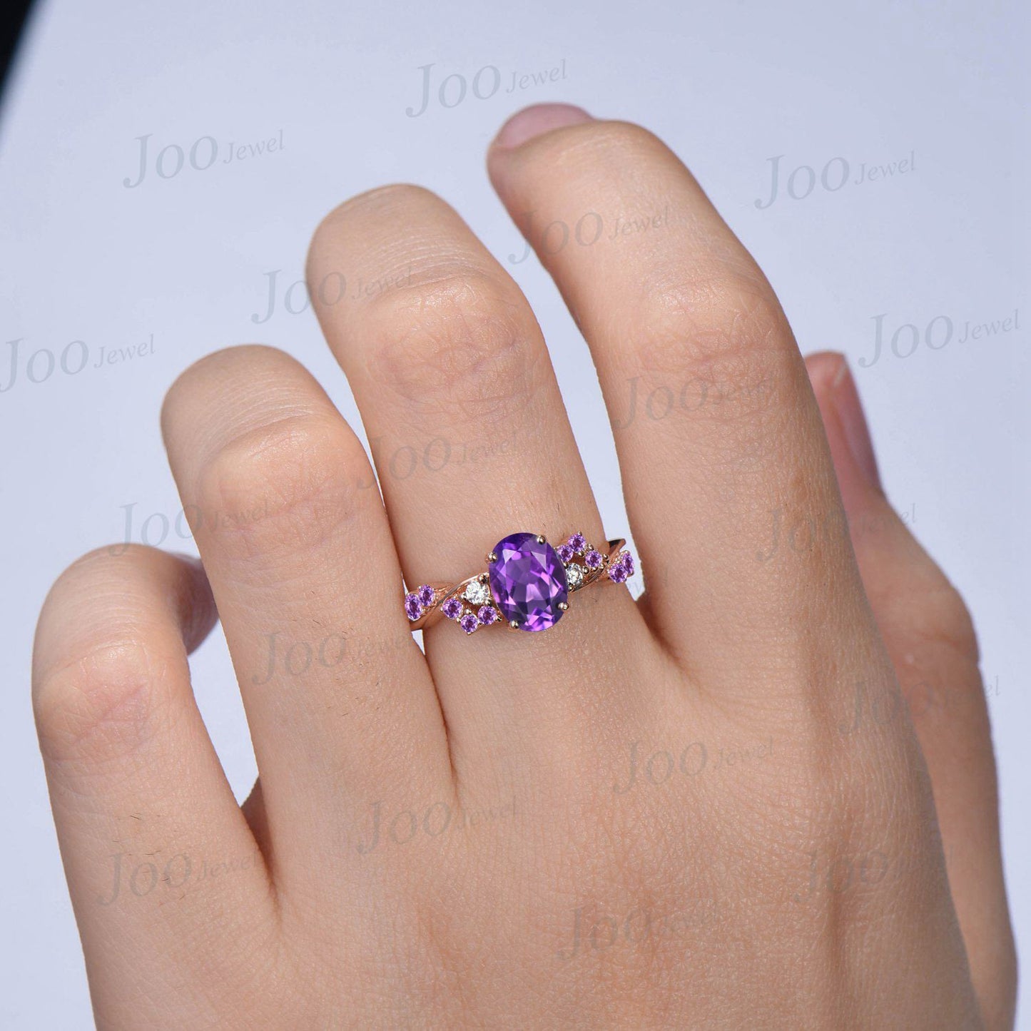 1.5ct Oval Cut Natural Amethyst Engagement Ring Cluster Moissanite Amethyst Twist Wedding Ring February Birthstone Promise Ring Gift Women