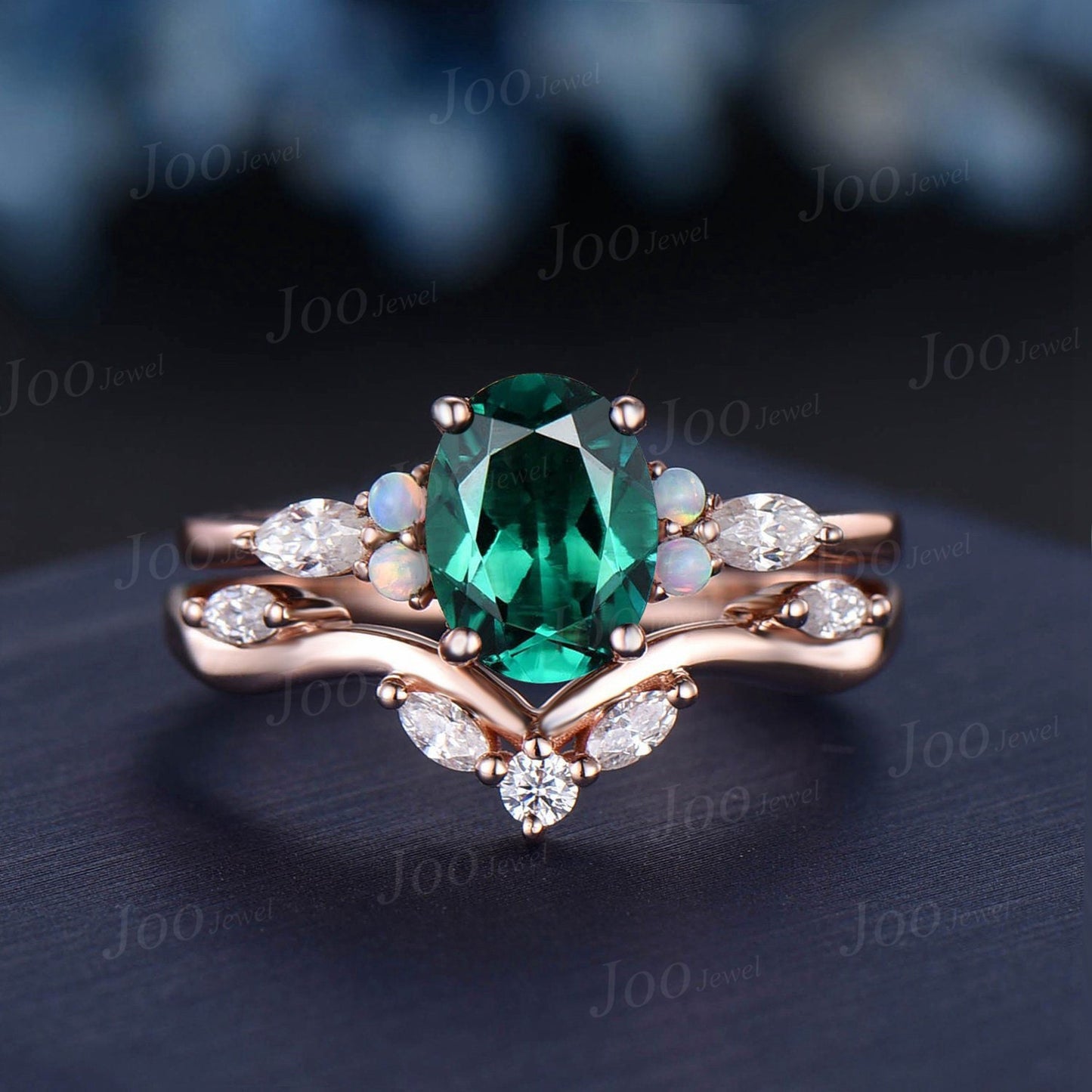 1.5ct Oval Cut Green Emerald Ring Set Green Gemstone Ring Opal Moissanite Wedding Ring May Birthstone Ring Birthday/Anniversary Gift Women