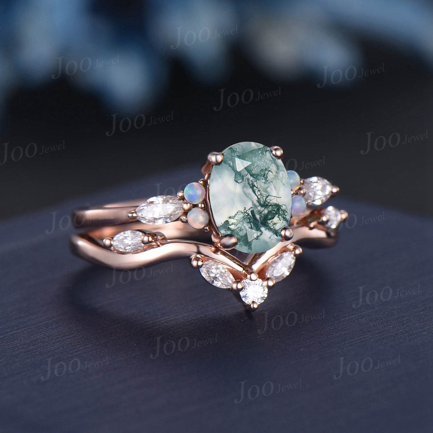 1.5ct Oval Cut Natural Moss Agate Engagement Ring Set 10K Rose Gold Cluster Aquatic Agate Promise Ring Marquise Moissanite Opal Wedding Ring