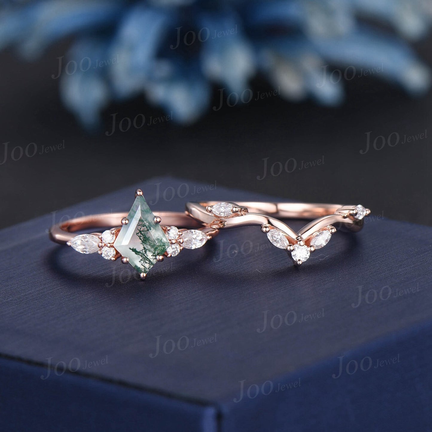 1ct Kite Natural Green Moss Agate Engagement Ring Set 10K Rose Gold Cluster Aquatic Agate Promise Ring Marquise Moissanite Wedding Ring Set