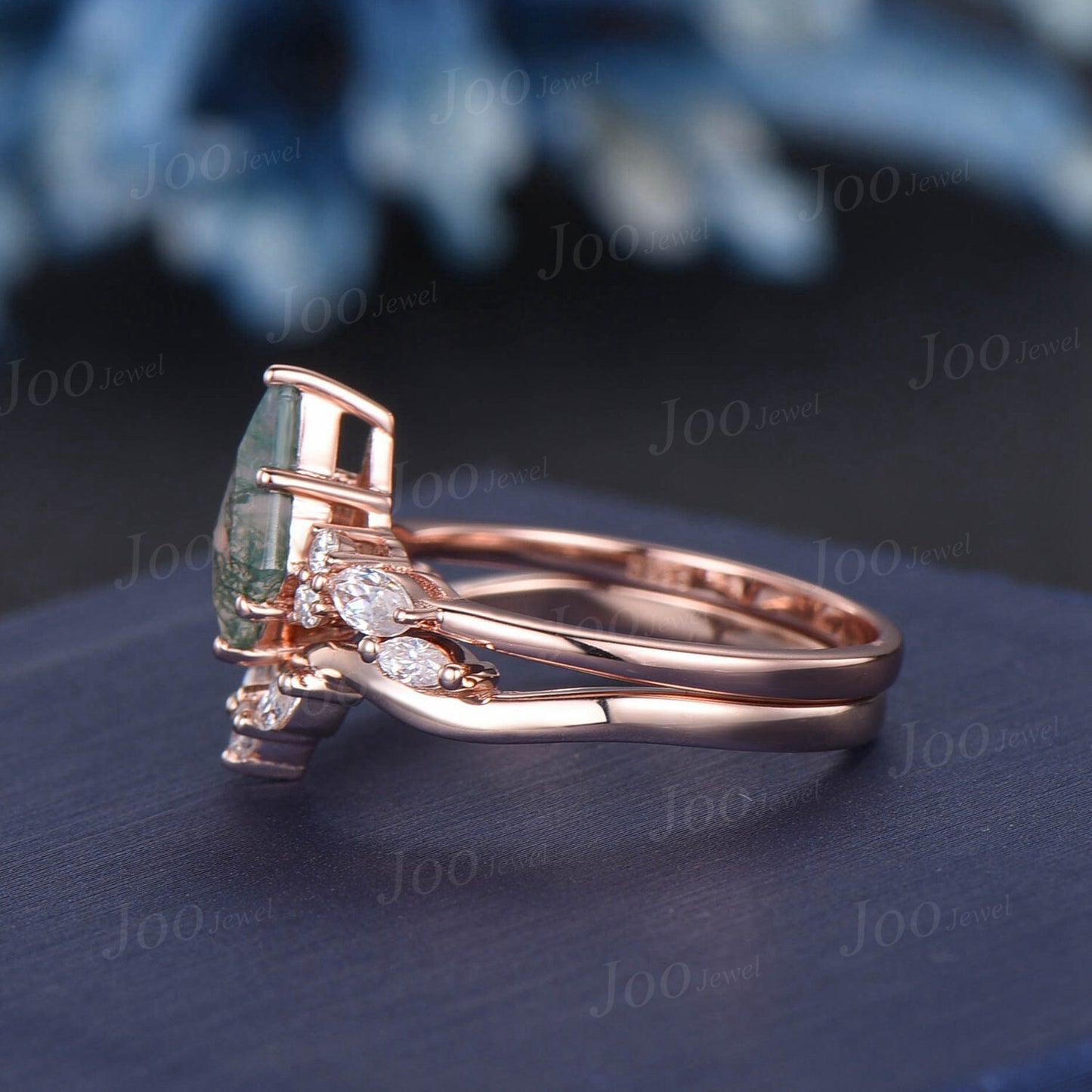 1ct Kite Natural Green Moss Agate Engagement Ring Set 10K Rose Gold Cluster Aquatic Agate Promise Ring Marquise Moissanite Wedding Ring Set