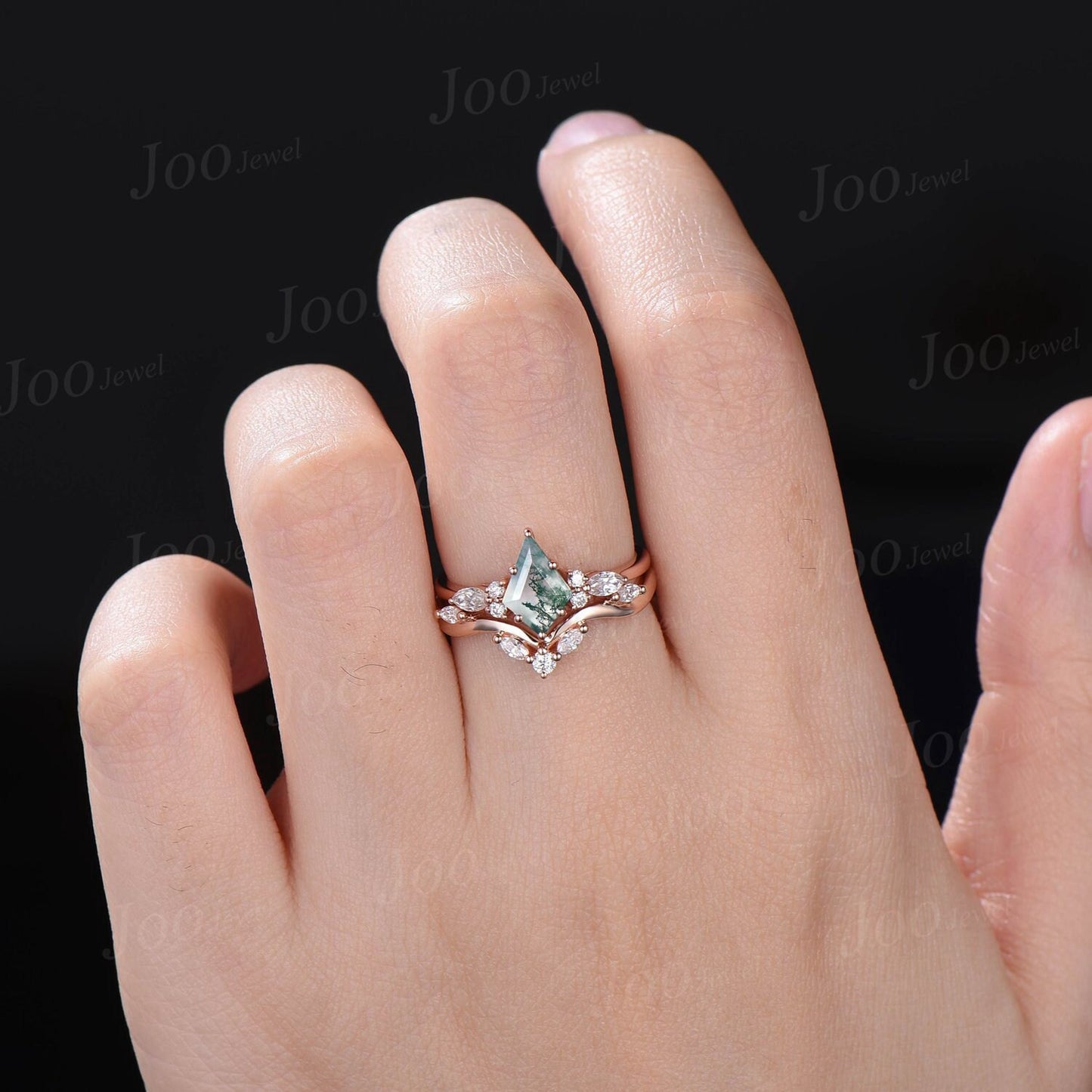 1ct Kite Natural Green Moss Agate Engagement Ring Set 10K Rose Gold Cluster Aquatic Agate Promise Ring Marquise Moissanite Wedding Ring Set