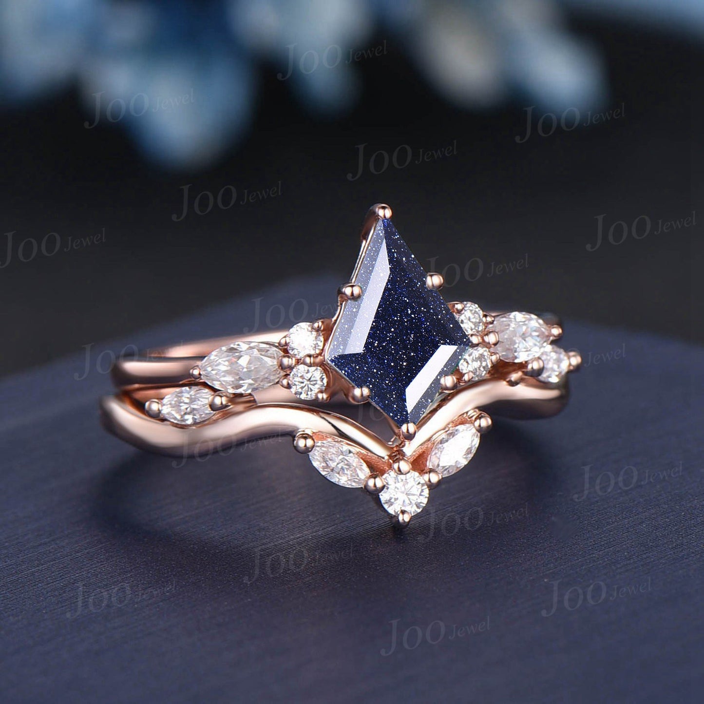 1ct Kite Galaxy Starry Night Blue Sandstone Ring Set Vintage Gemstone Moissanite Blue Goldstone Engagement Ring Set Personalized Gift Women