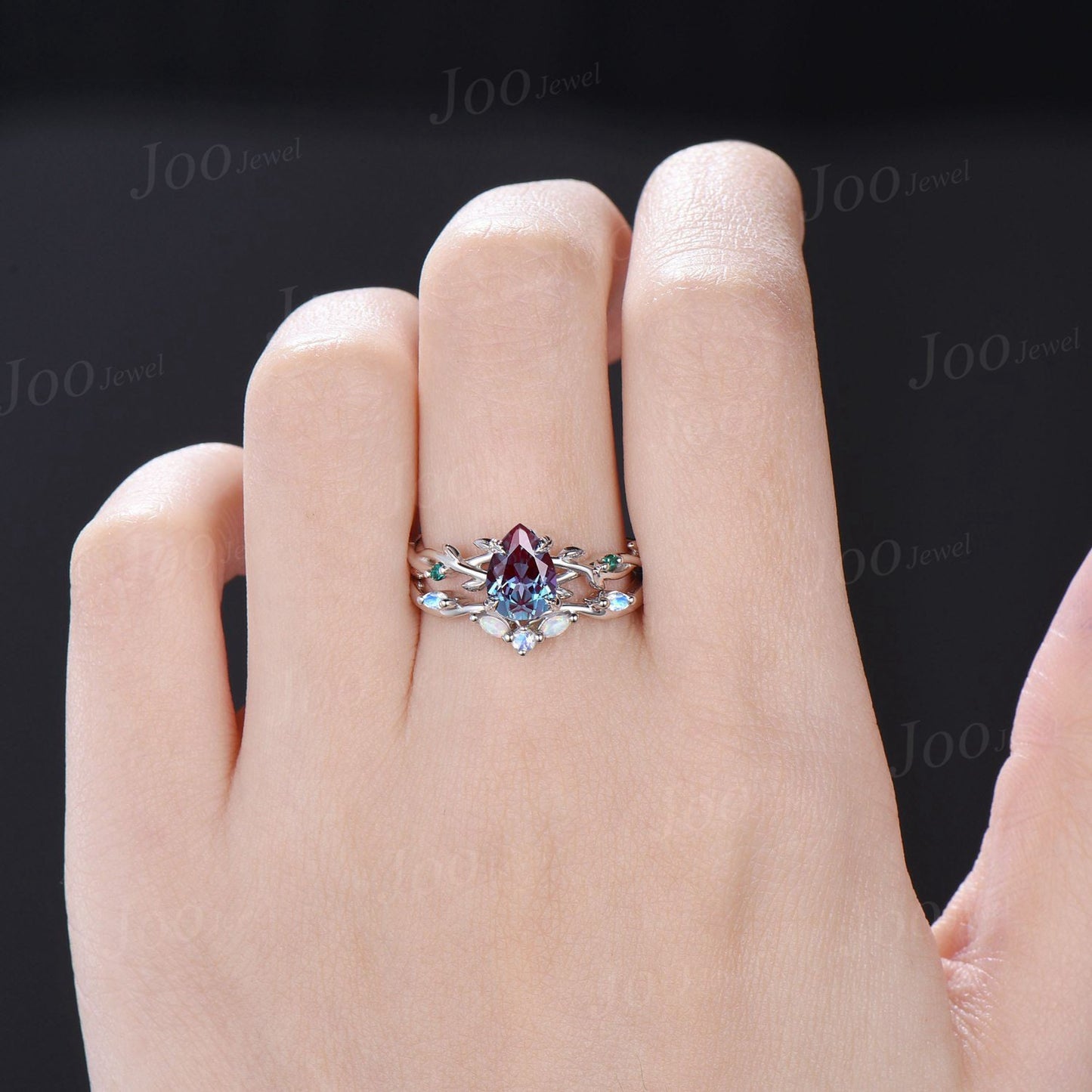 Twig Vine Pear Alexandrite Emerald Ring Set 10K White Gold Nature Inspired Color-Change Alexandrite Moonstone Opal Bridal Set Promise Gifts