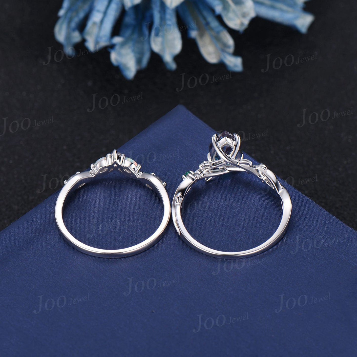 Twig Vine Pear Alexandrite Emerald Ring Set 10K White Gold Nature Inspired Color-Change Alexandrite Moonstone Opal Bridal Set Promise Gifts
