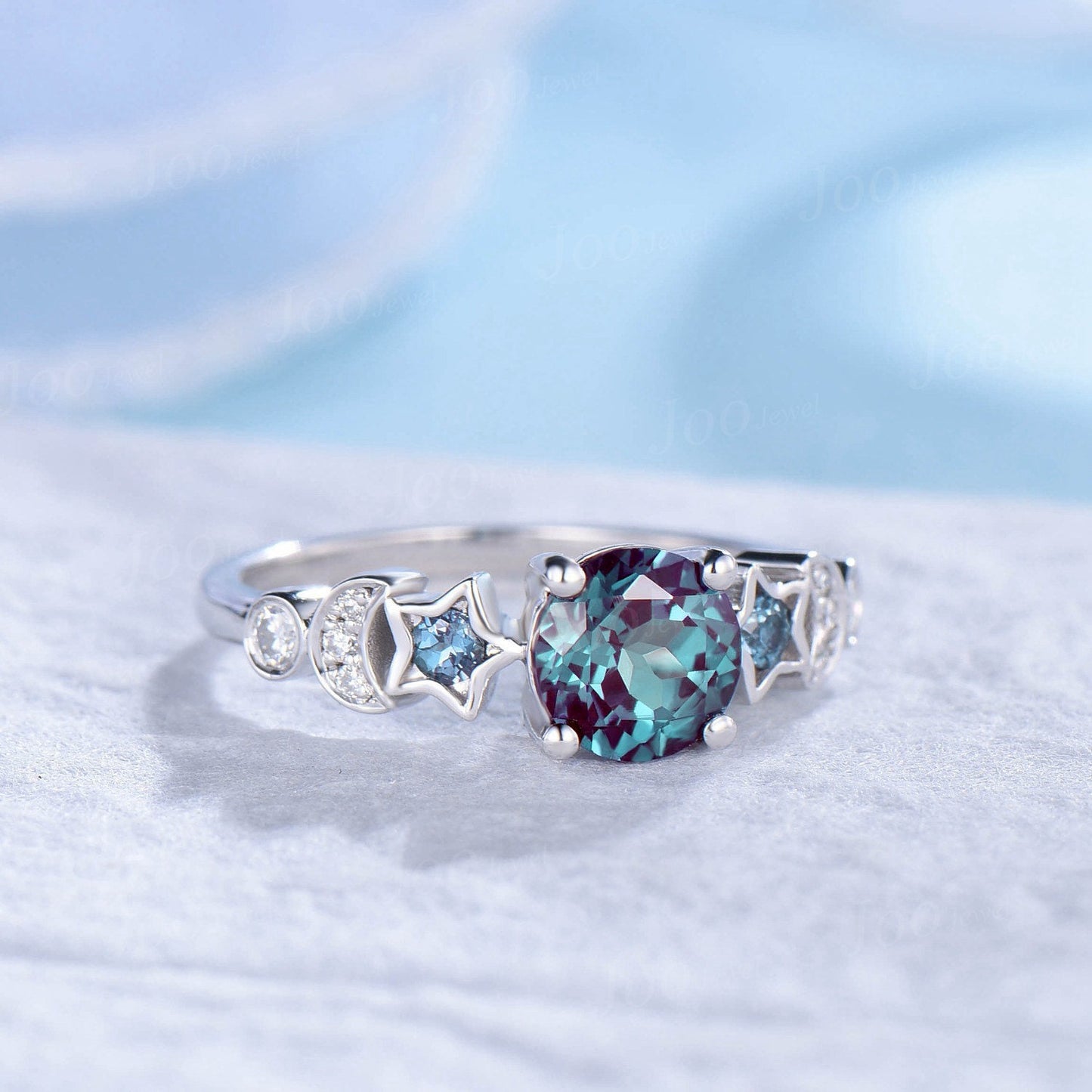 Sterling Silver 1ct Round Color-Change Alexandrite Bridal Set Alexandrite Moon Star Wedding Ring June Birthstone Promise Ring Platinum Ring