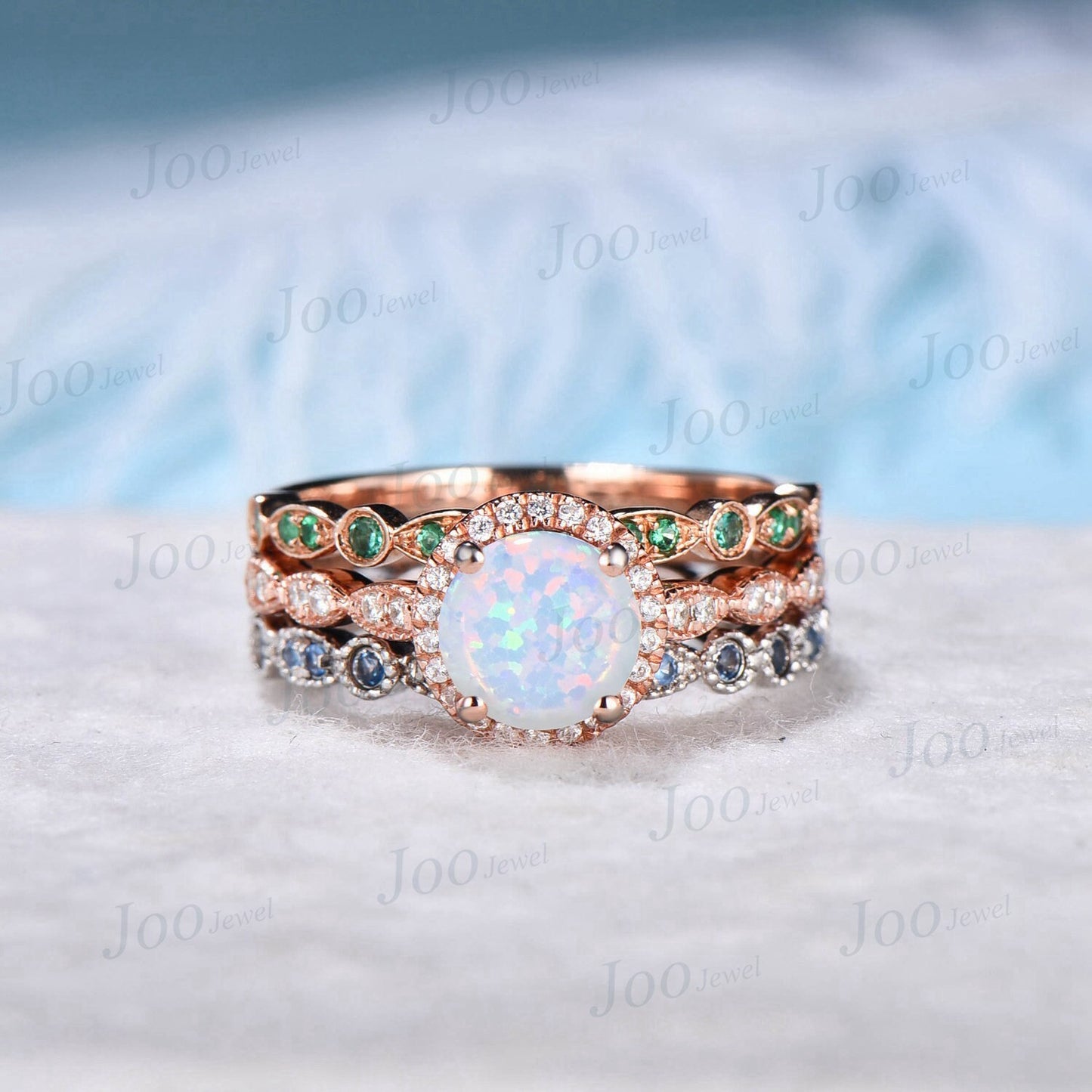 3pcs Round White Opal Halo Engagement Ring Set Vintage Milgrain Moissanite Emerald London Blue Topaz Wedding Band Half Eternity Wedding Ring