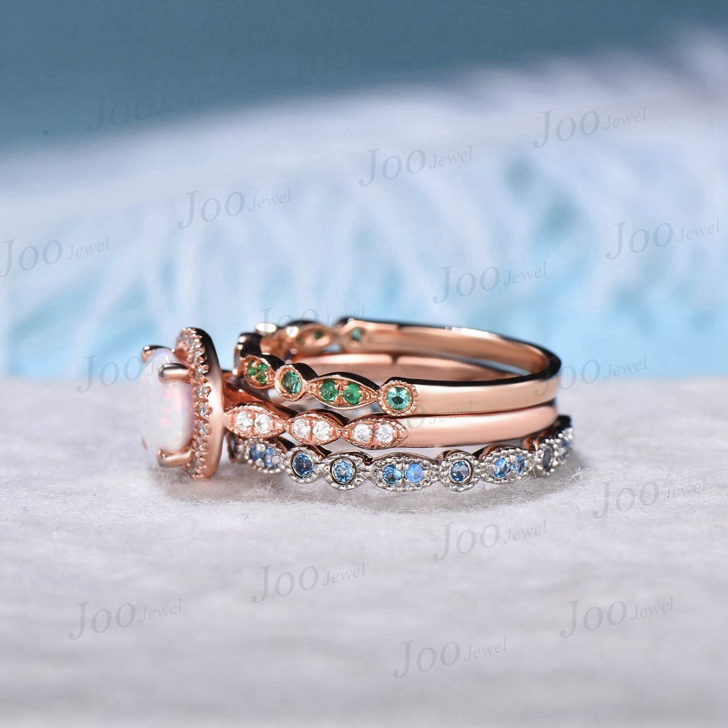 3pcs Round White Opal Halo Engagement Ring Set Vintage Milgrain Moissanite Emerald London Blue Topaz Wedding Band Half Eternity Wedding Ring