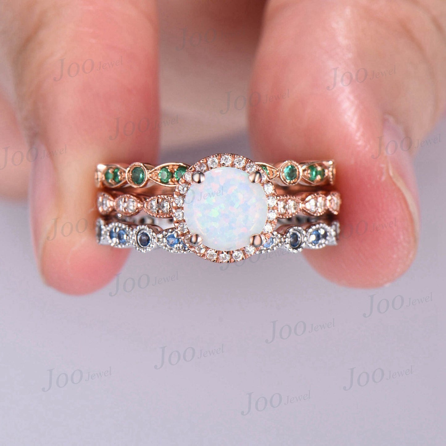 3pcs Round White Opal Halo Engagement Ring Set Vintage Milgrain Moissanite Emerald London Blue Topaz Wedding Band Half Eternity Wedding Ring