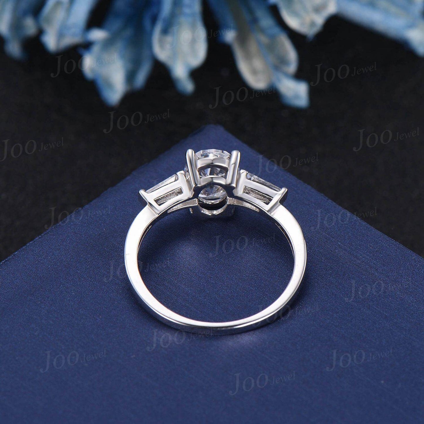 Three Stone Wedding Ring 10K White Gold 1.5ct Oval Cut Moissanite Engagement Ring, Oval and Tapered Baguette Diamond Ring Anniversary Rings