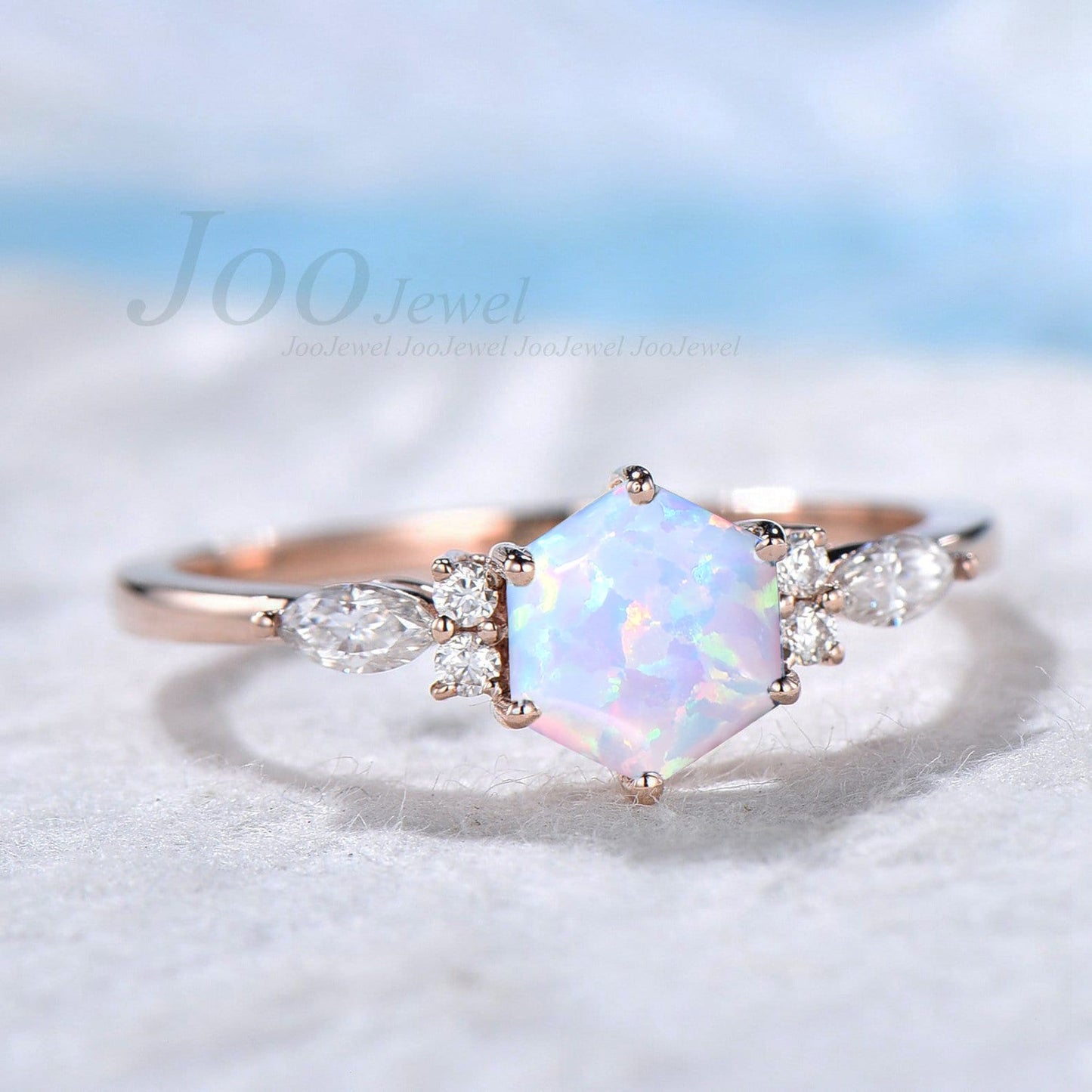 1ct Hexagon Cut White Opal Promise Rings Rose Gold Silver Fire Opal Wedding Ring October Birthstone Jewelry Unique Birthday/Anniversary Gift