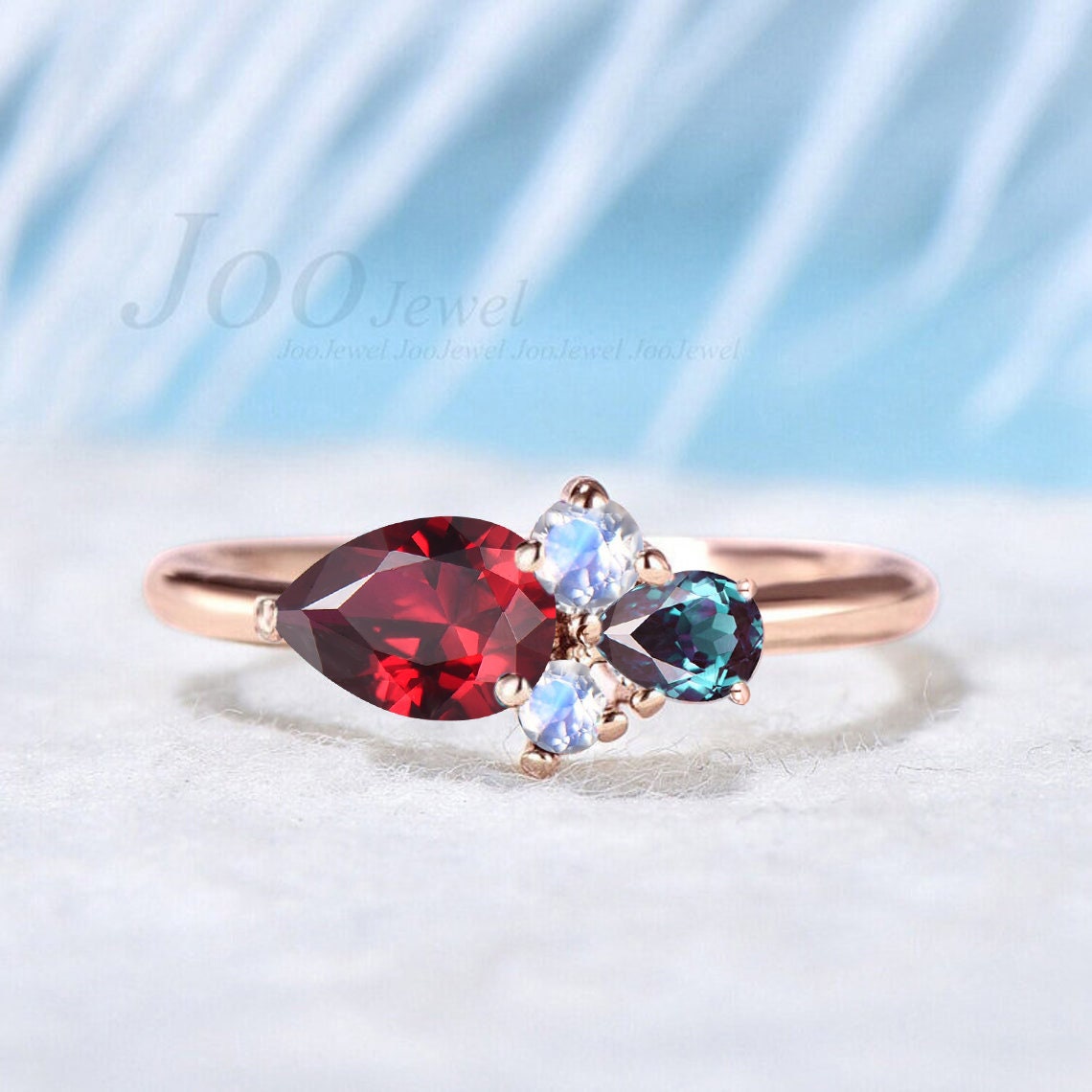 Handmade Pear Cut Red Ruby Ring 10K Rose Gold July Birthstone Promise Ring Vintage Cluster Moonstone Opal Ring Personalized Birthday Gifts