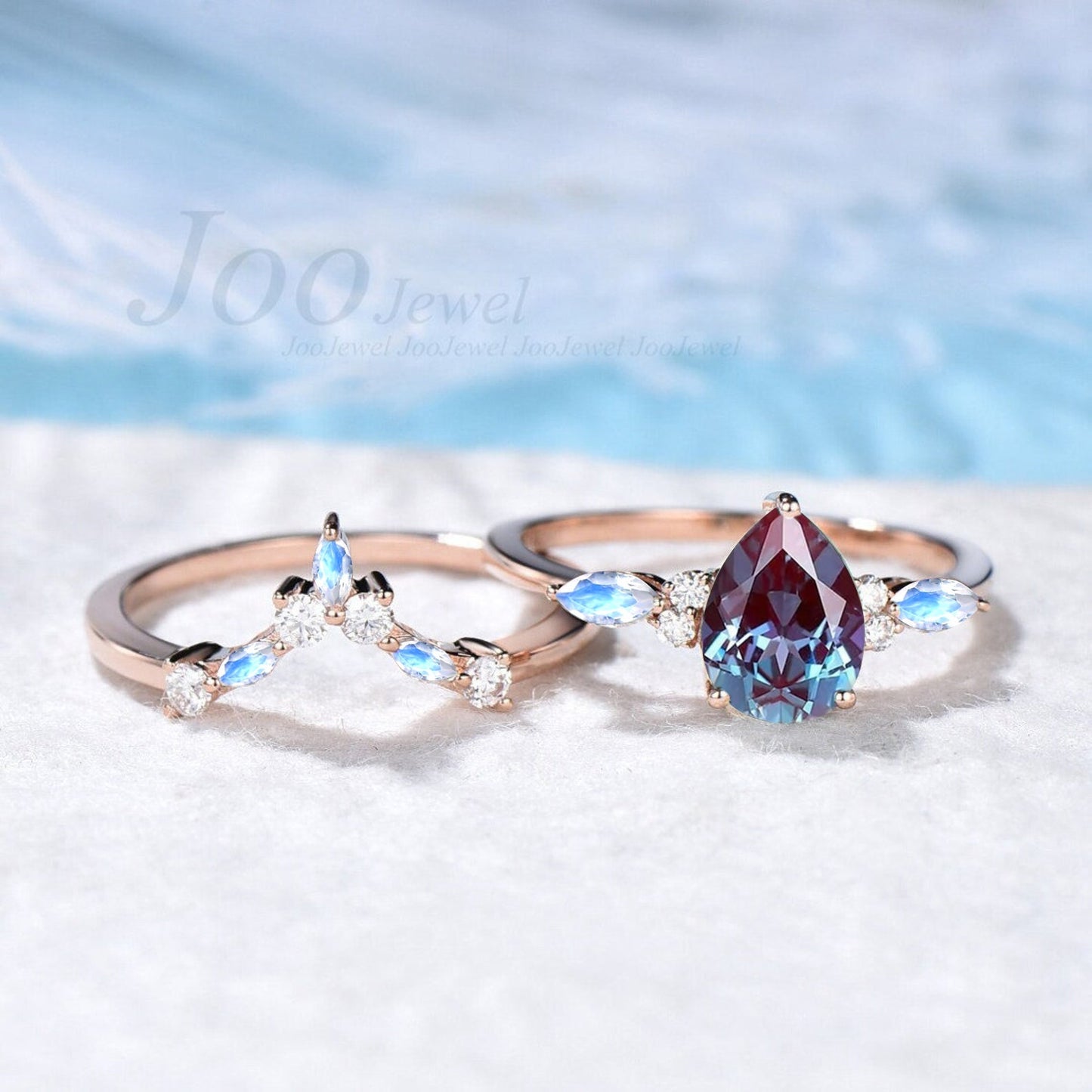 1.25ct Teardrop Color-Change Alexandrite Moonstone Wedding Ring Set Rose Gold Moissanite Moonstone Ring Set June Birthstone Birthday Gifts