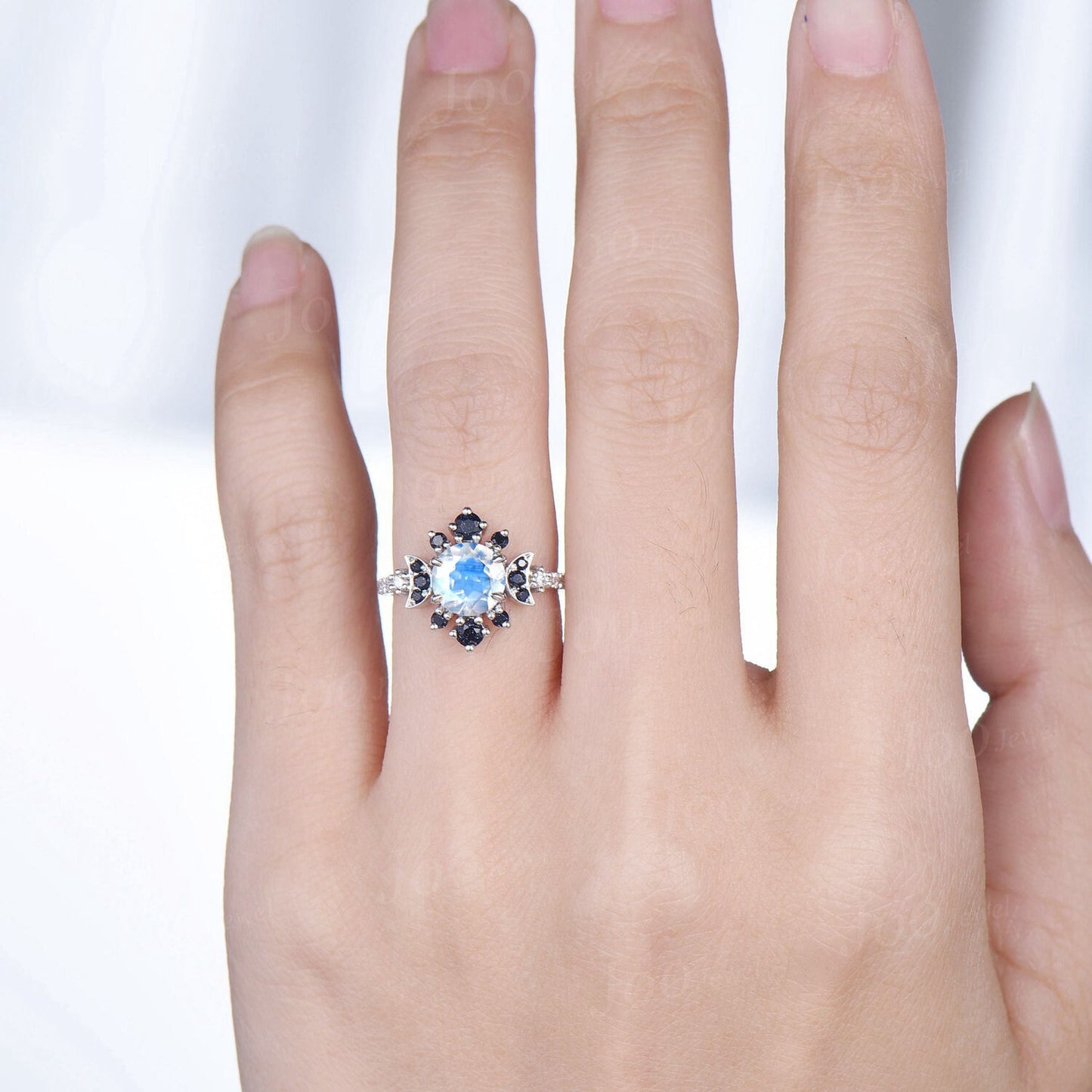 1ct Round Natural Rainbow Moonstone Moon Engagement Ring Cluster Blue Goldstone Ring Unique Half Eternity Moissanite Promise Wedding Ring