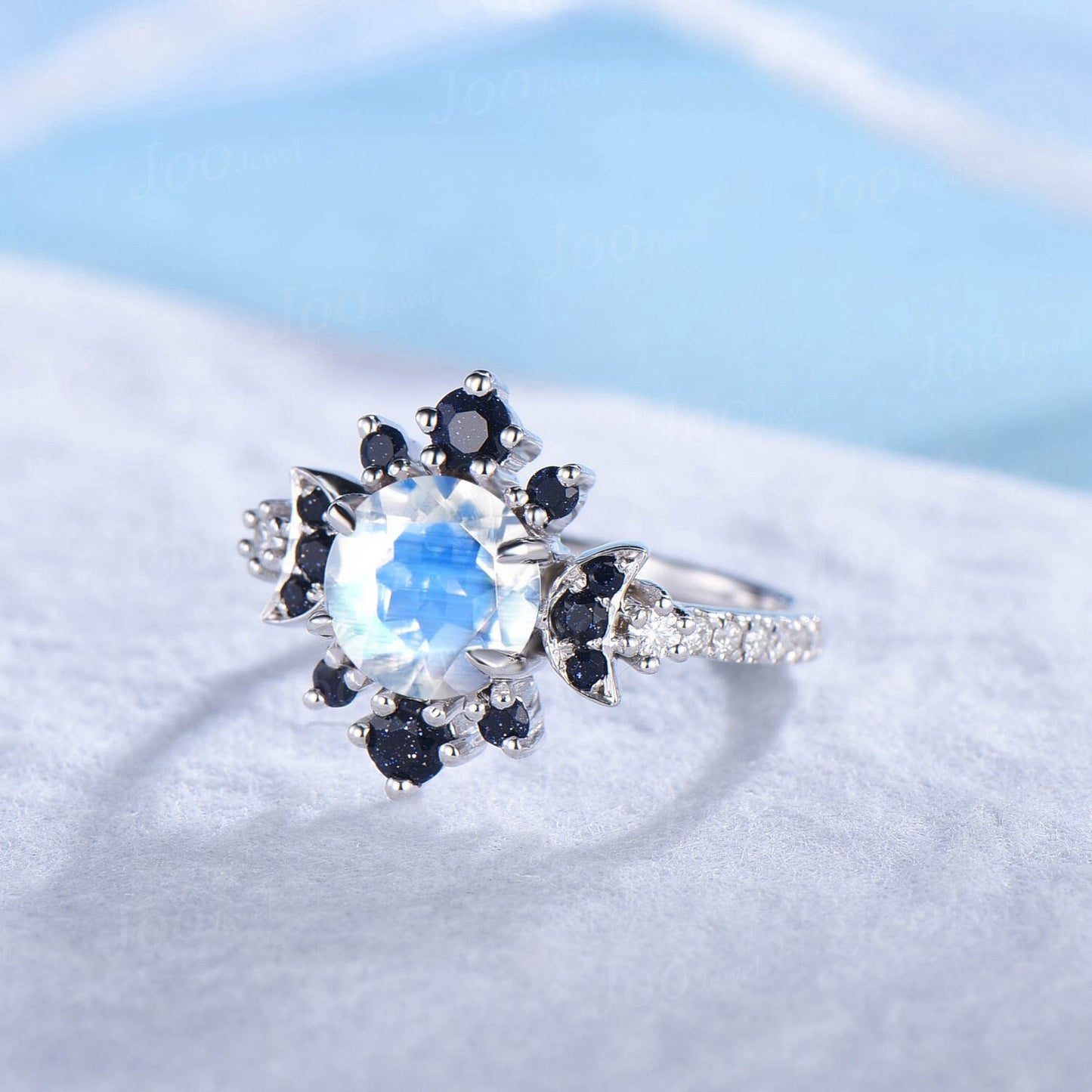 1ct Round Natural Rainbow Moonstone Moon Engagement Ring Cluster Blue Goldstone Ring Unique Half Eternity Moissanite Promise Wedding Ring