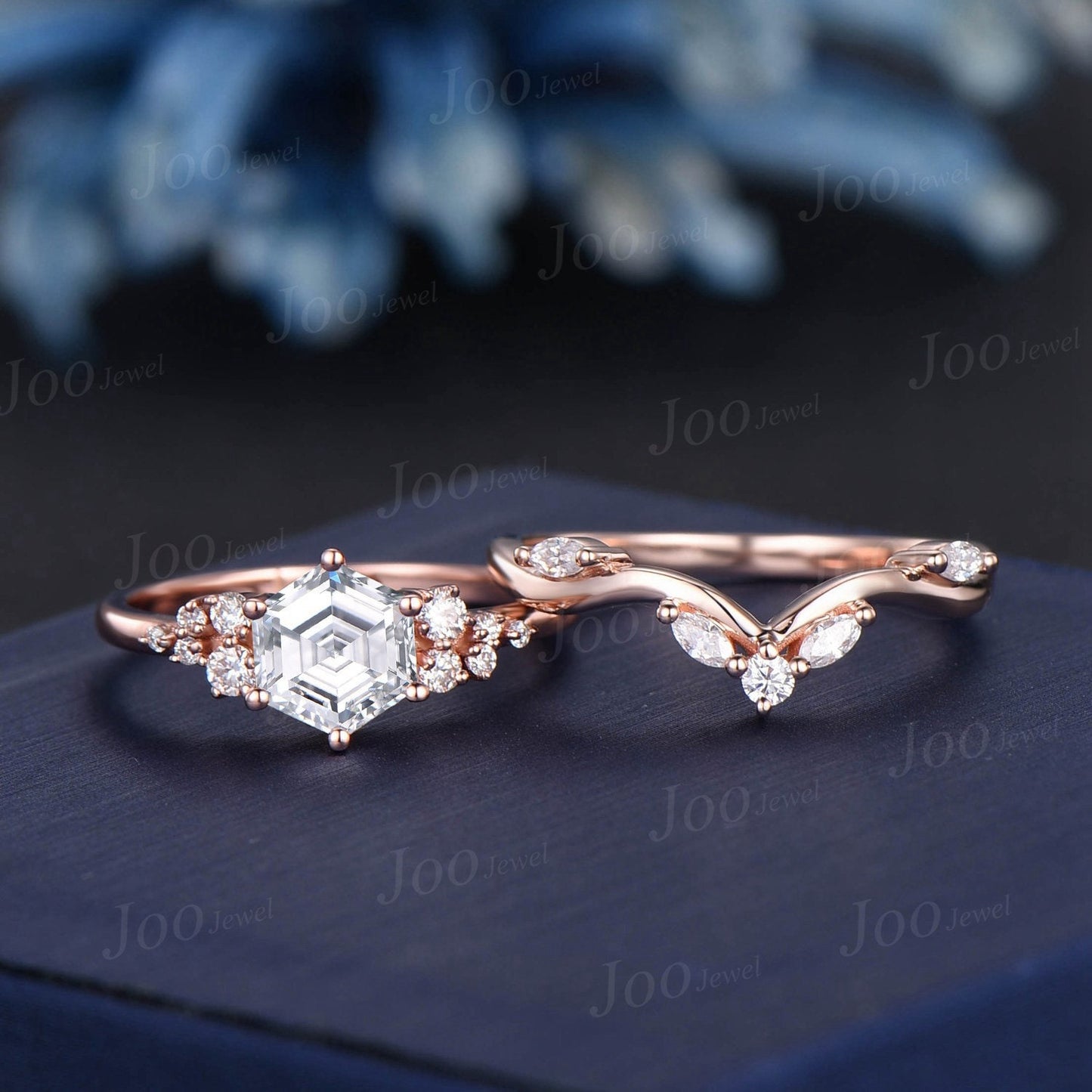 1ct Hexagon Cut Moissanite Diamond Engagement Ring Set Vintage Marquise Moissanite Curved Wedding Band Unique Snowdrift Cluster Wedding Ring