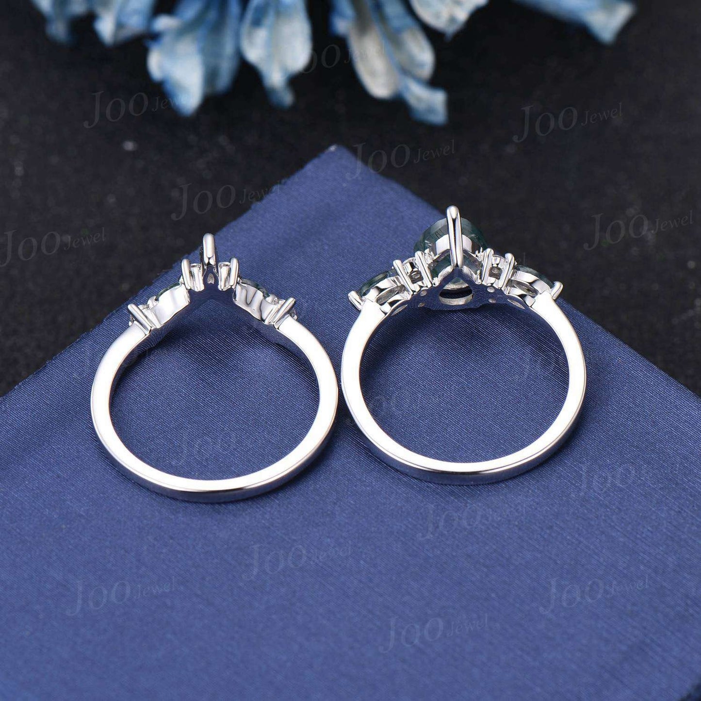 1.25ct Pear Shaped Natural Moss Agate Engagement Ring Set 10K/14K/18K Rose Gold Moissanite Wedding Ring Women Unique Moss Agate Bridal Set