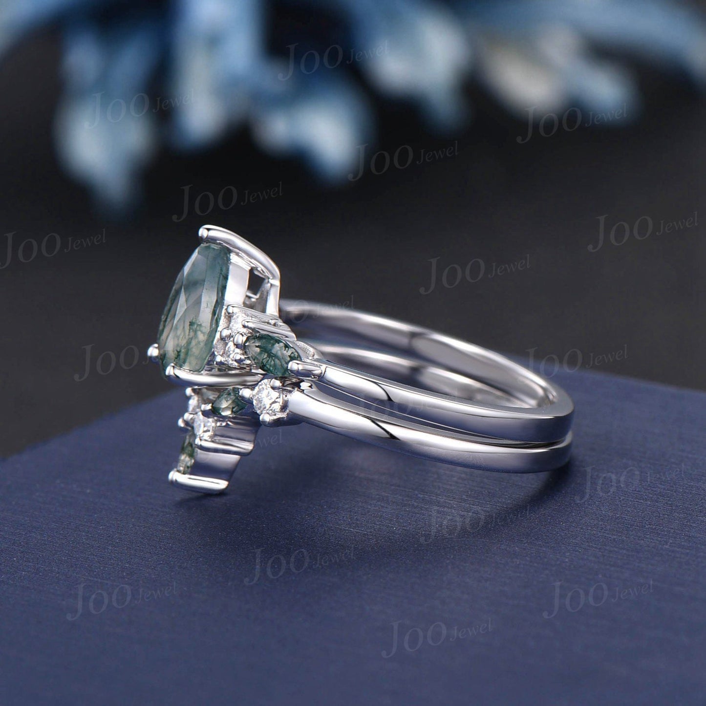 1.25ct Pear Shaped Natural Moss Agate Engagement Ring Set 10K/14K/18K Rose Gold Moissanite Wedding Ring Women Unique Moss Agate Bridal Set