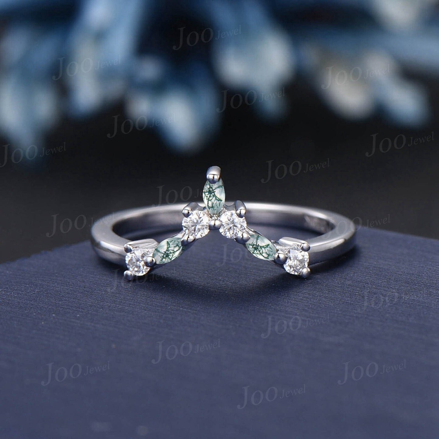 Moissanite Moss Agate Matching Band for Pear/Oval/Kite Cut Engagement Ring V Shape Chevron Ring Minimalist Curve Wedding Band Stacking Ring
