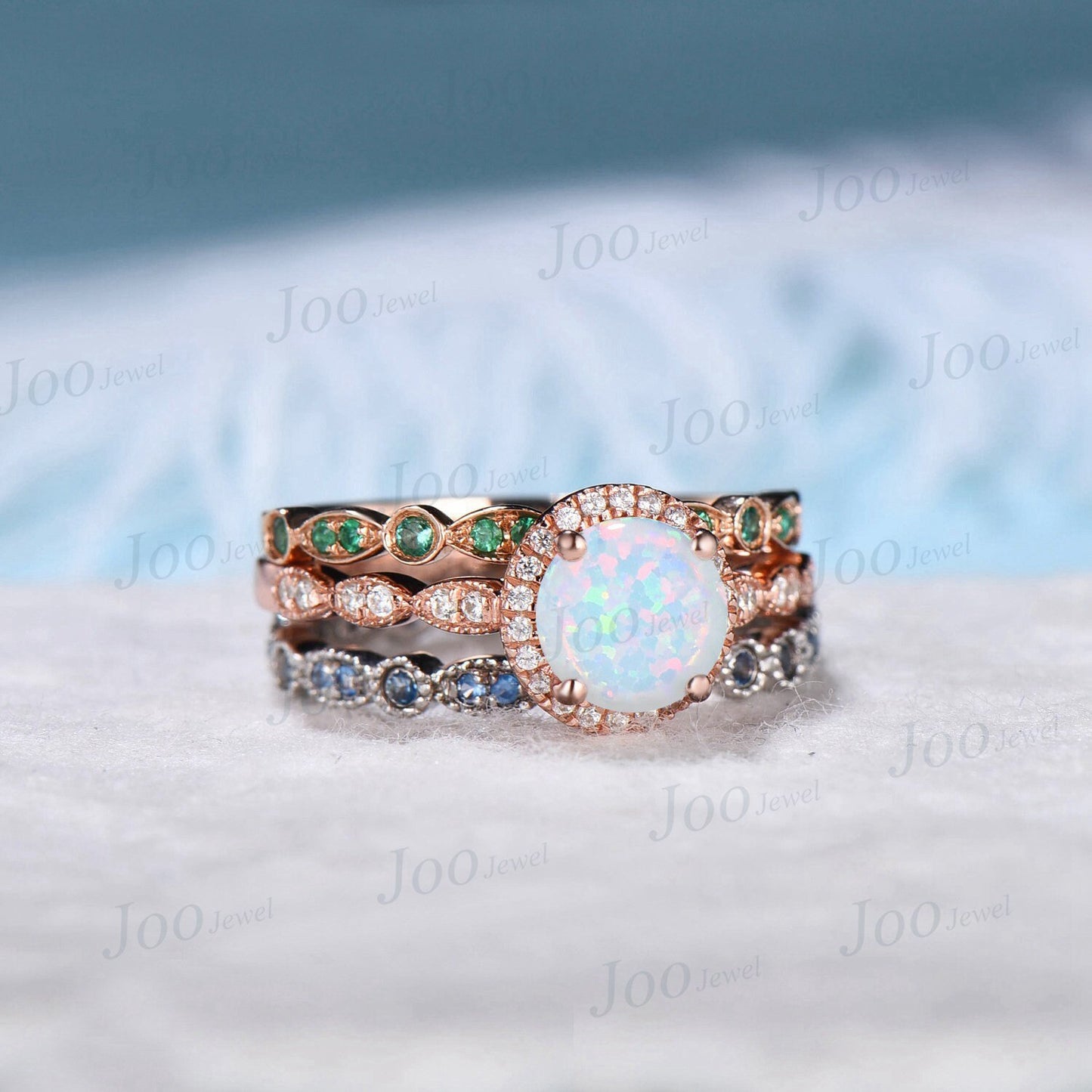 3pcs Round White Opal Halo Engagement Ring Set Vintage Milgrain Moissanite Emerald London Blue Topaz Wedding Band Half Eternity Wedding Ring