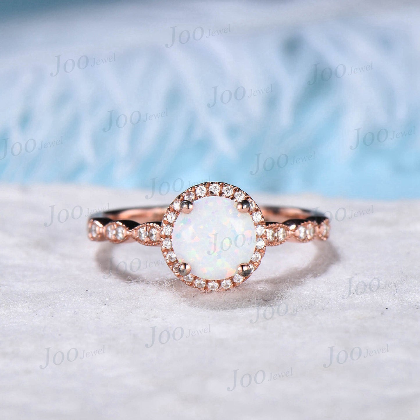3pcs Round White Opal Halo Engagement Ring Set Vintage Milgrain Moissanite Emerald London Blue Topaz Wedding Band Half Eternity Wedding Ring