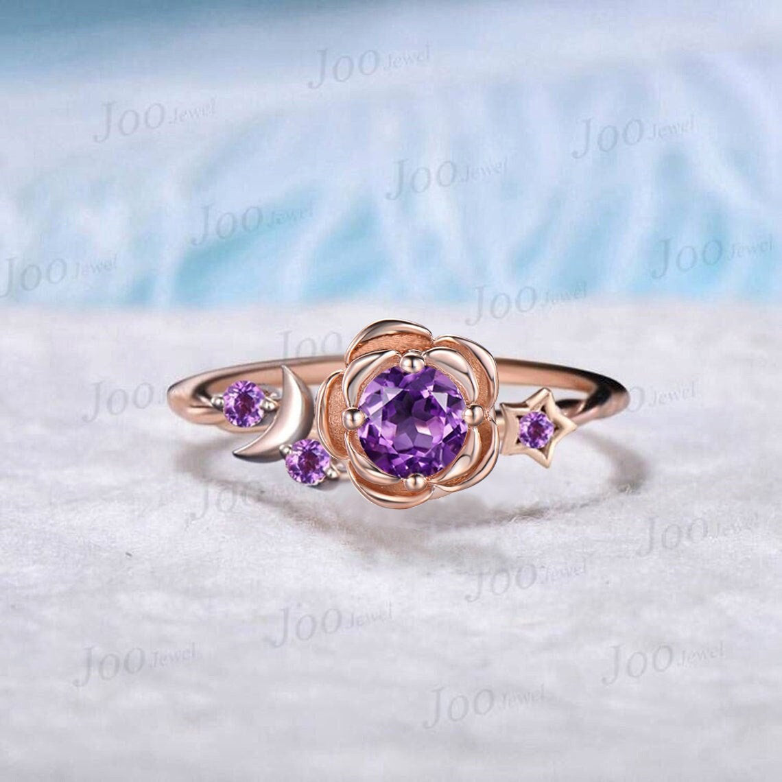 Nature Inspired 5mm Round Natural Amethyst Ring Rose Flower Wedding Ring Cluster Amethyst Moon Star Proposal Ring Unique Birthday/Lover Gift