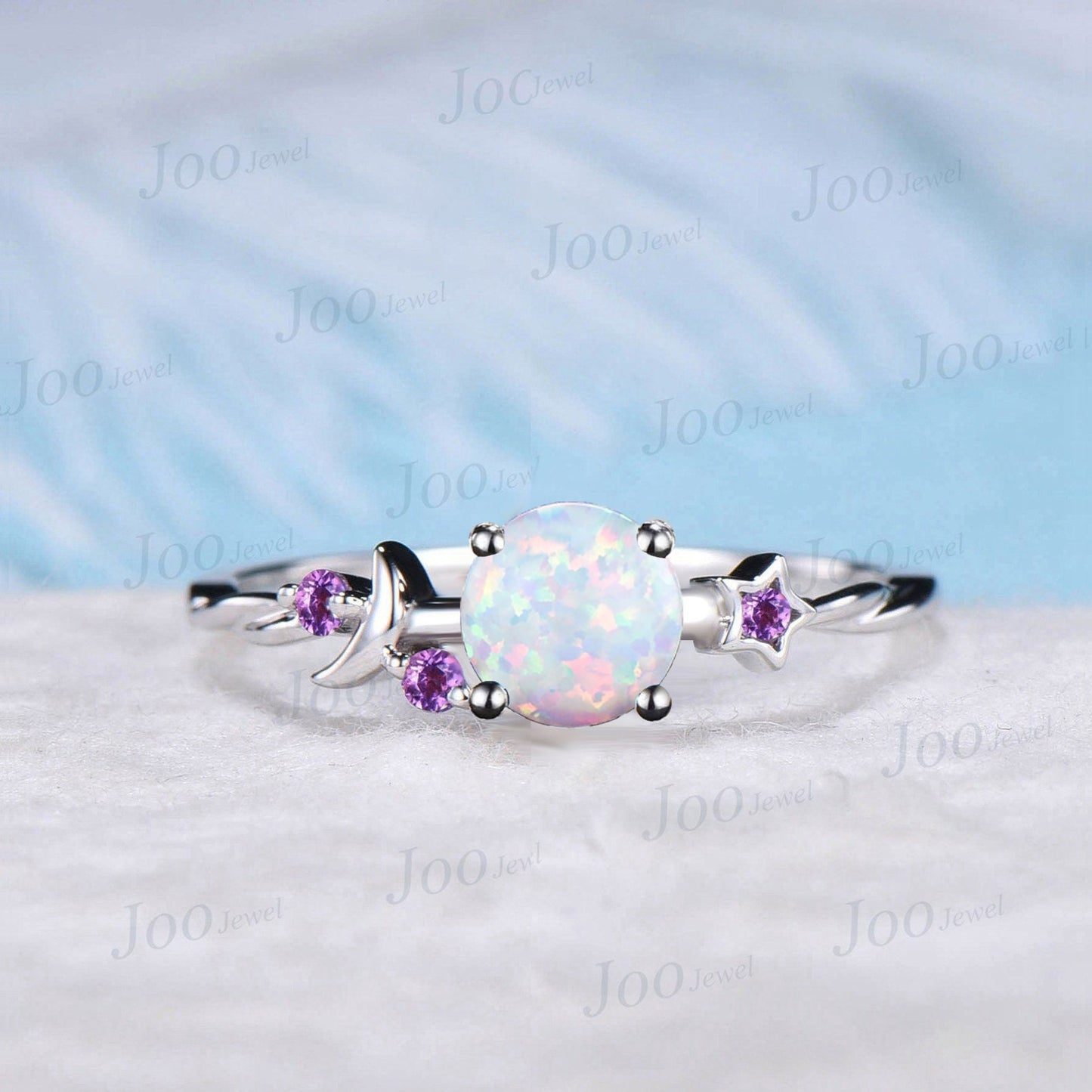 1ct Round White Opal Ring Moon Star Cluster Amethyst Ring I LOVE YOU To The Moon And Back October Birthstone Gift Asymmetrical Promise Rings