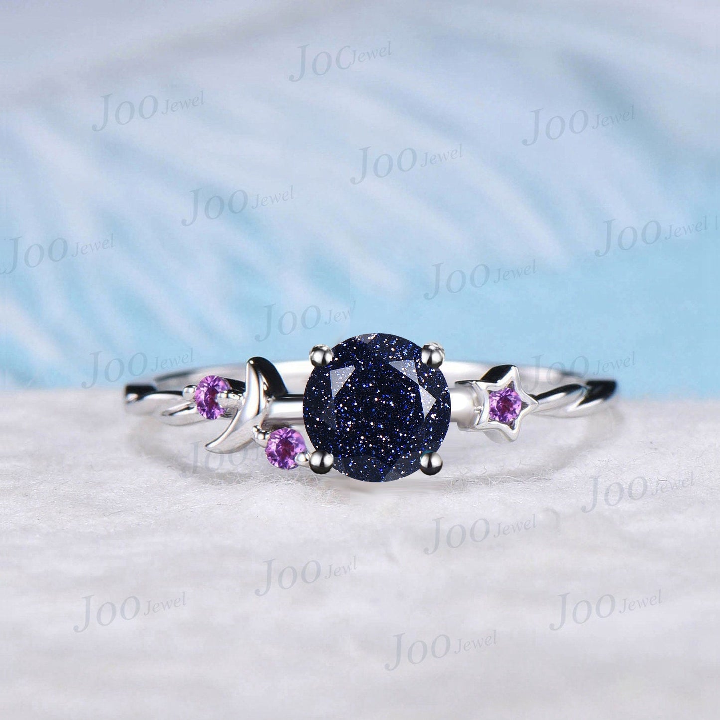 1ct Round Cut Galaxy Starry Night Blue Goldstone Ring Cluster Alexandrite Wedding Ring Moon Star Design Unique Promise Ring Birthday Gifts