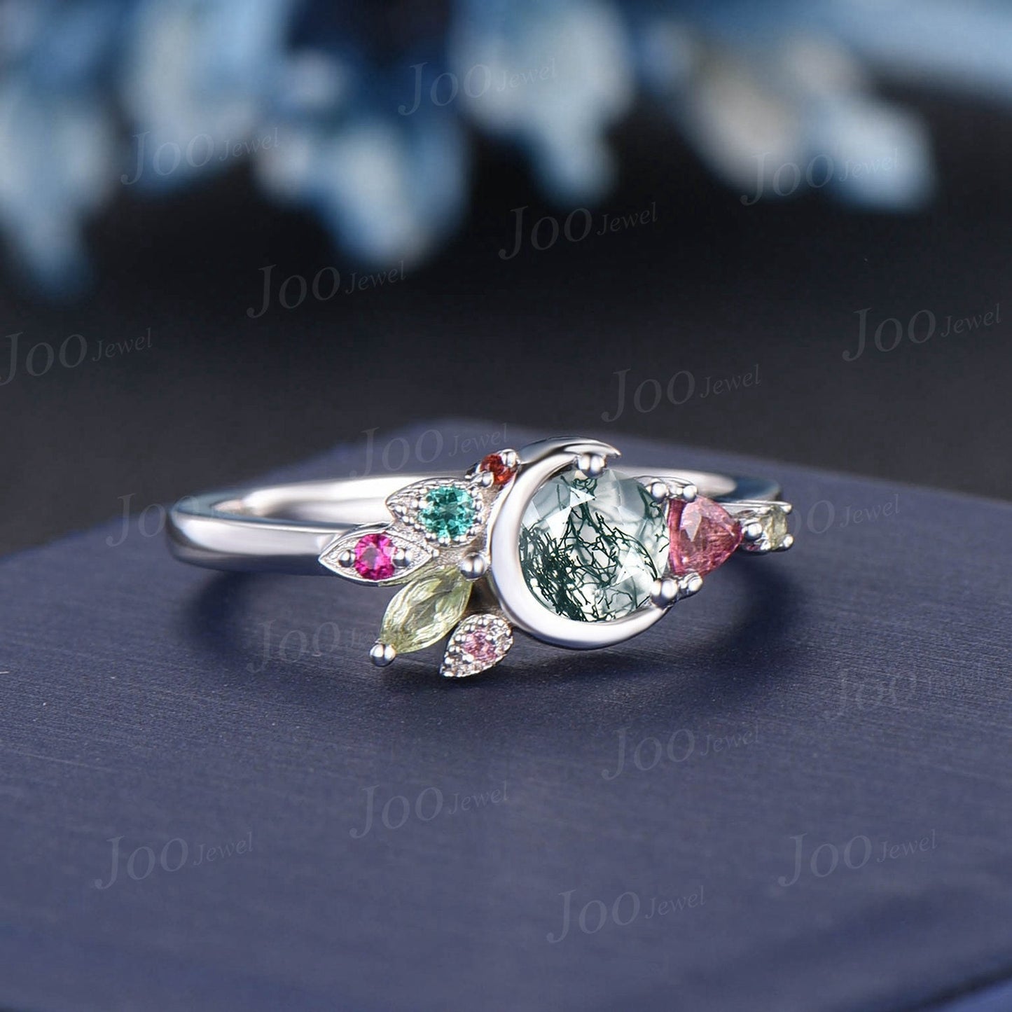 Round Natural Green Moss Agate Wedding Ring Cluster Pink Tourmailine Celestial Moon Ring Personalized Handmade Family Ring with Birthstones