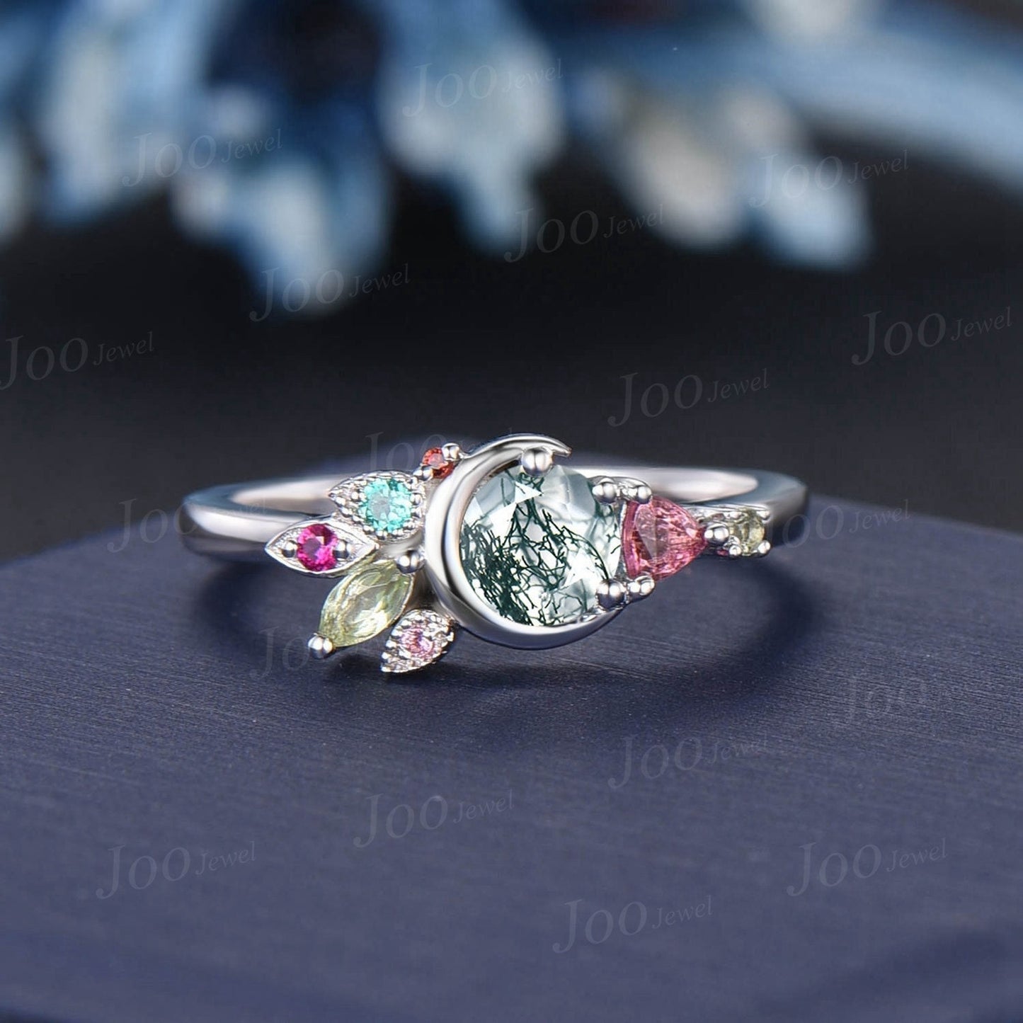 Round Natural Green Moss Agate Wedding Ring Cluster Pink Tourmailine Celestial Moon Ring Personalized Handmade Family Ring with Birthstones