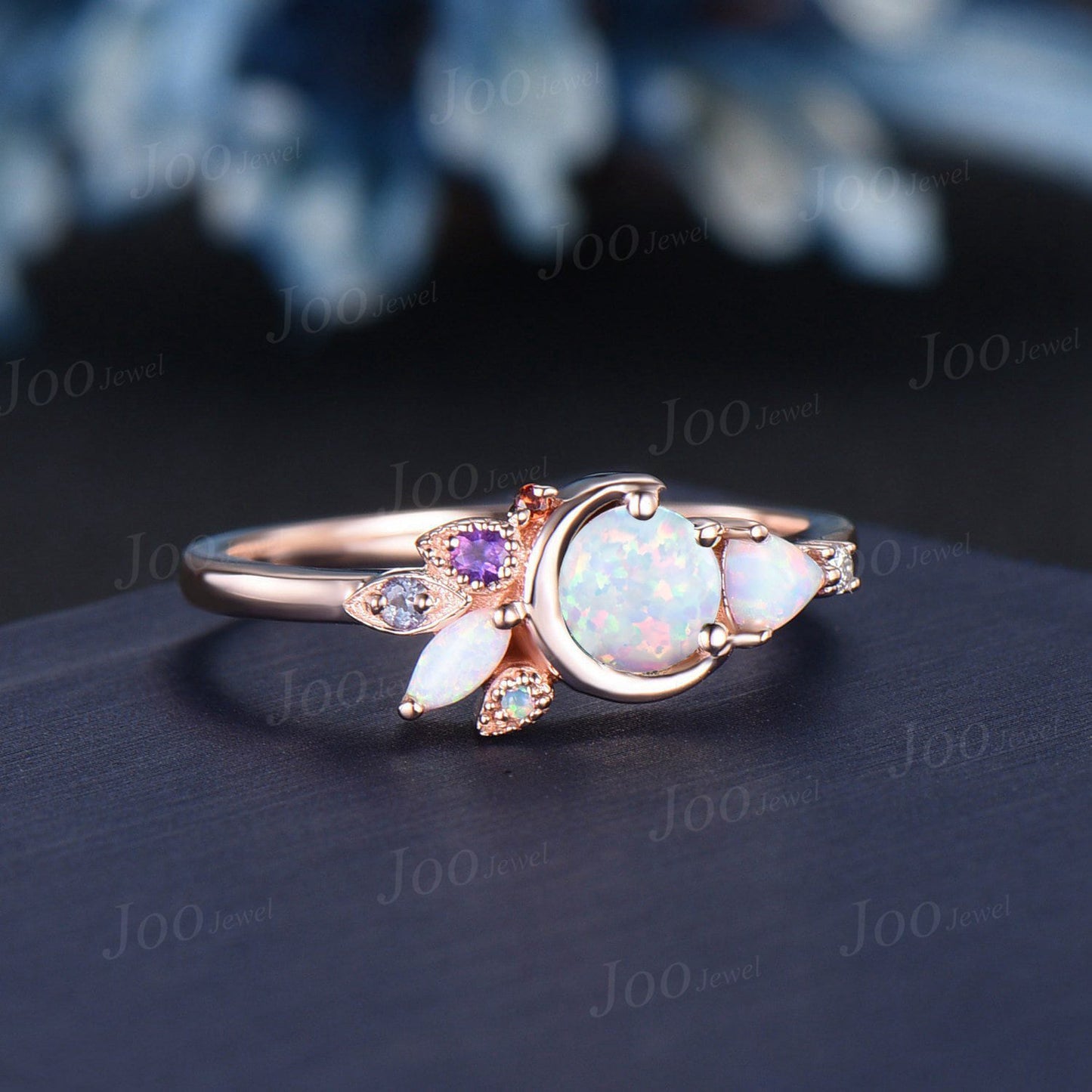 Unique 5mm Round Cut White Opal Cluster Wedding Ring Celestial Moon Rings Personalized Gift for Mom Handcrafted Family Ring with Birthstones