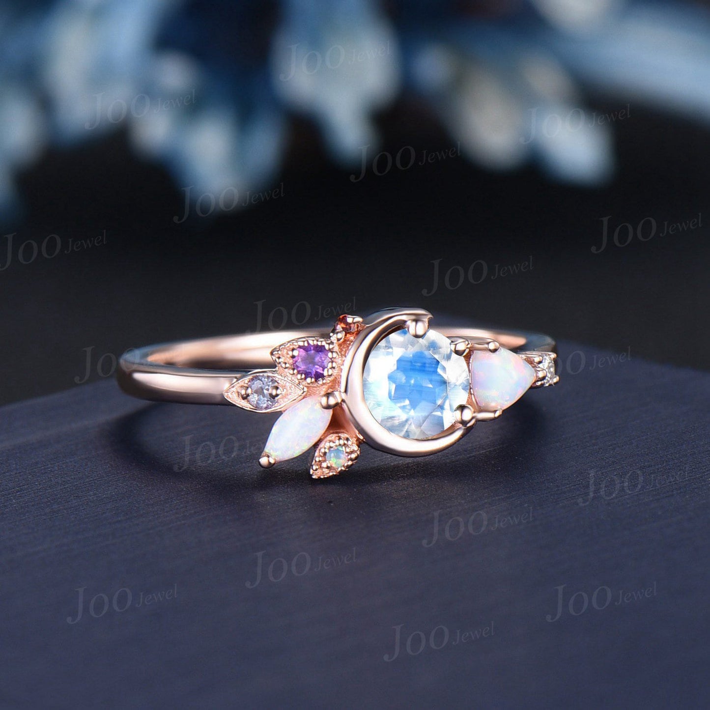 Unique 5mm Round Natural Rainbow Moonstone Opal Cluster Celestial Moon Wedding Ring Personalized Handcrafted June Birthstone Gifts for Mom