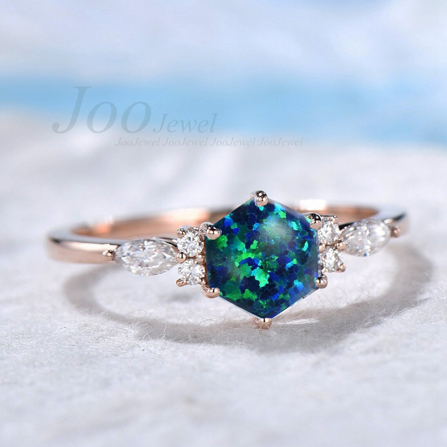 1ct Hexagon Black Fire Opal Wedding Promise Ring Rose Gold Sterling Silver Black Opal Jewelry CZ Diamond Wedding Ring Unique Birthday Gifts