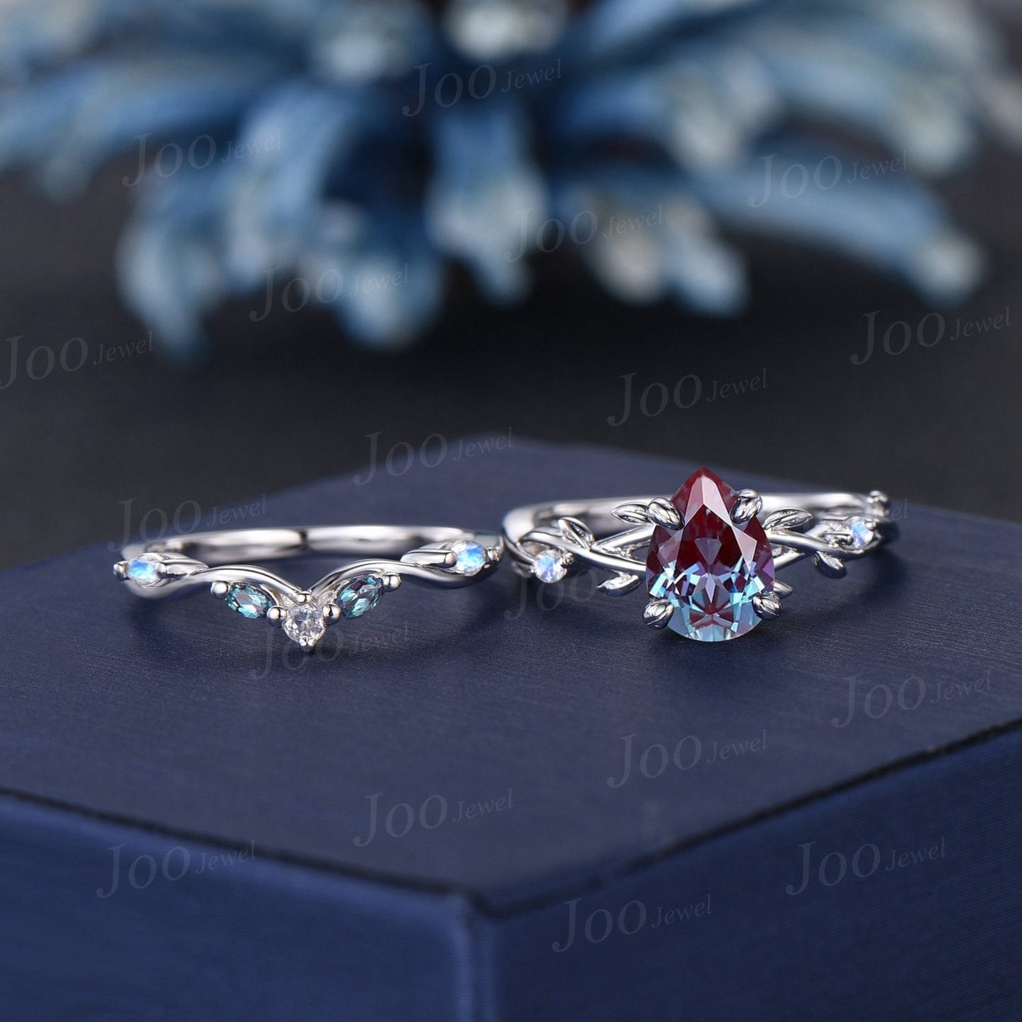 1.25ct Nature Inspired Color-Change Alexandrite Moonstone Bridal Set Twig Vine Teardrop Alexandrite Ring Set June Birthstone Wedding Gifts