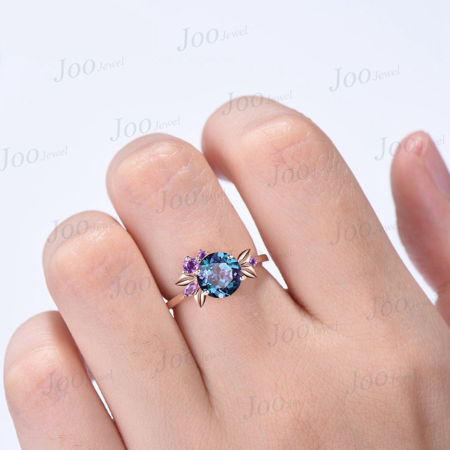 Nature Inspired Color-Change Alexandrite Engagement Ring 10K Rose Gold 1ct Round Cut Alexandrite Amethyst Cluster Leaf Wedding Promise Gifts