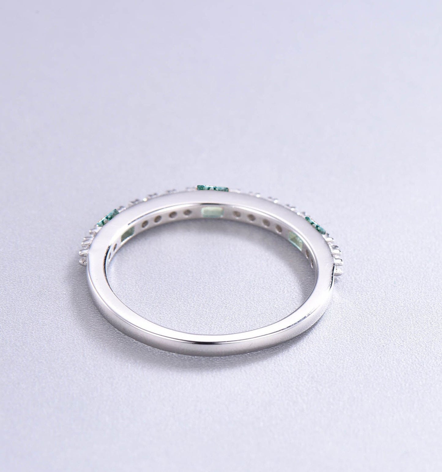 Baguette Natural Moss Agate Half Eternity Wedding Band Minimalist Rectangle Moss Diamond Ring Dainty Stacking Band Unique Anniversary Gifts