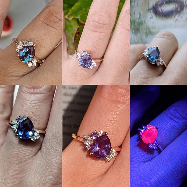 Cluster Alexandrite Engagement Ring Oval Alexandrite Cluster Wedding Ring Unique Diamond Moissanite Bridal Ring Promise Ring Gift for Her