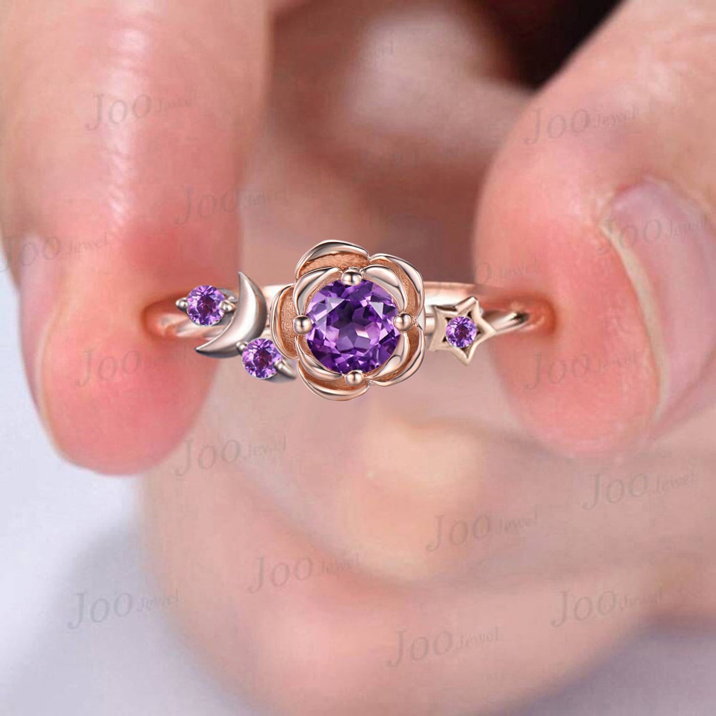 Nature Inspired 5mm Round Natural Amethyst Ring Rose Flower Wedding Ring Cluster Amethyst Moon Star Proposal Ring Unique Birthday/Lover Gift