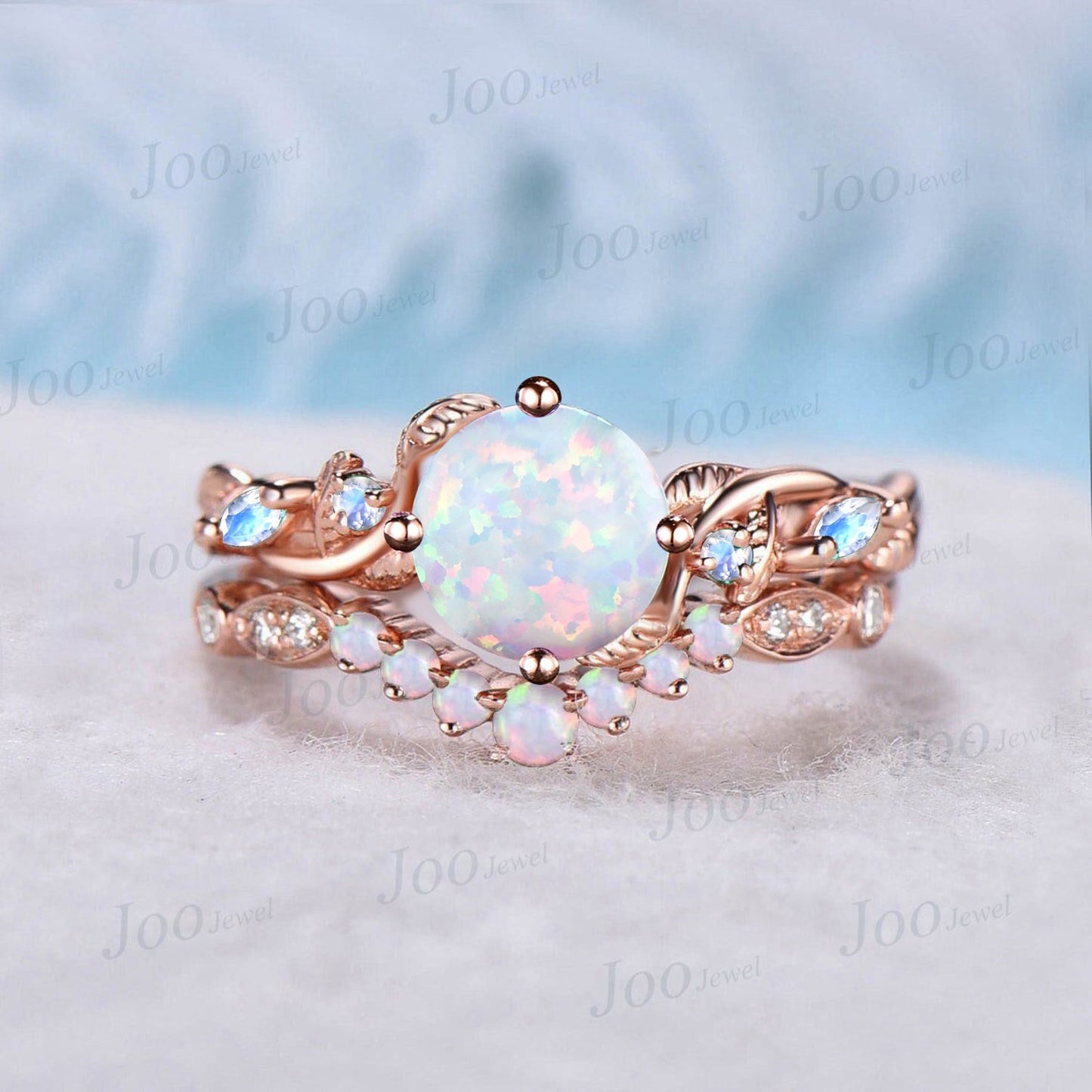 Twig Branch White Opal Ring Set 10K Rose Gold 1.5ct Oval Cut Nature Opal Moonstone Engagement Ring Opal Wedding Band October Birthstone Gift
