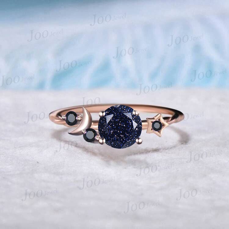1ct Round Cut Galaxy Starry Night Blue Goldstone Ring Cluster Alexandrite Wedding Ring Moon Star Design Unique Promise Ring Birthday Gifts