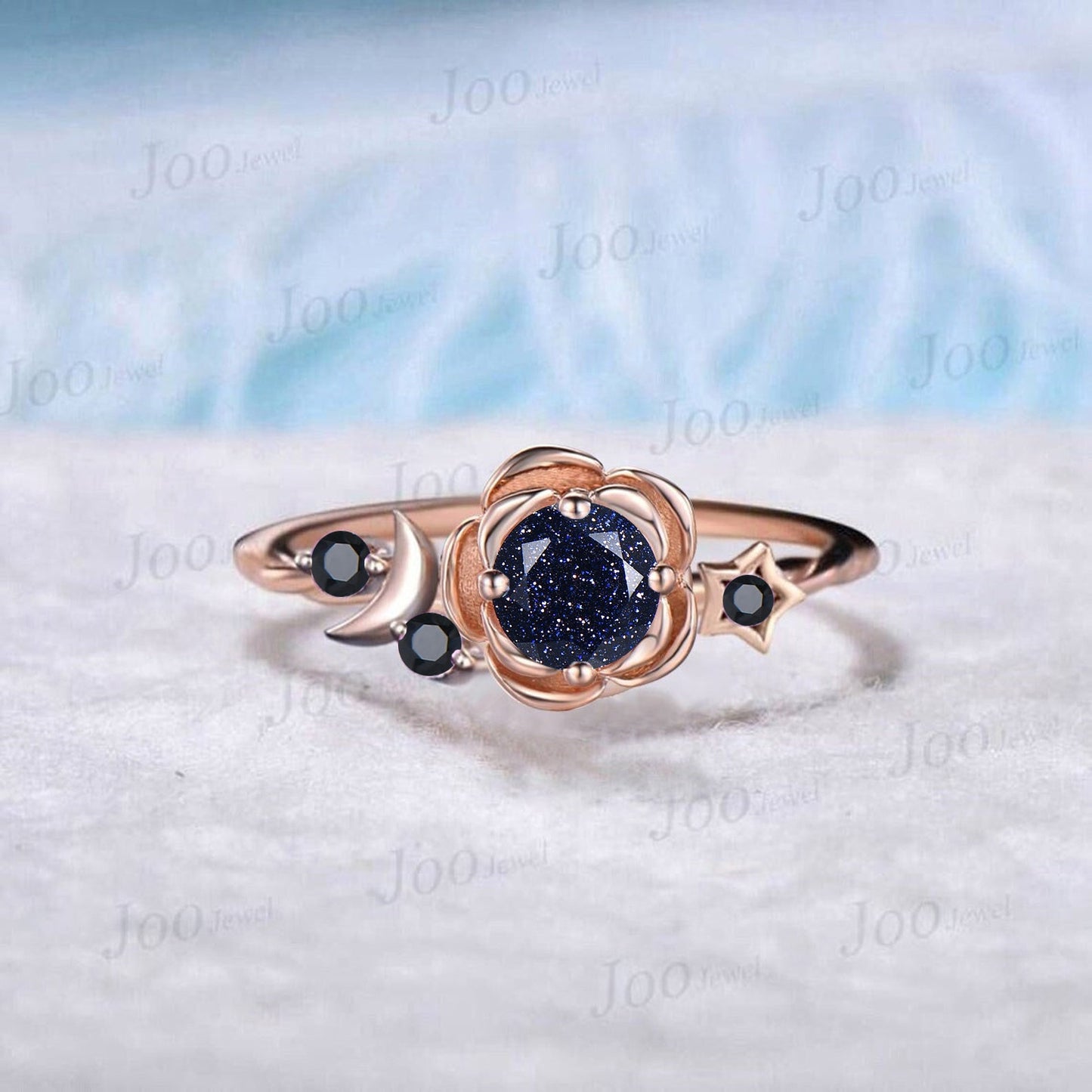 Rose Flower Round Galaxy Blue Sandstone Ring Nature Inspired Blue Goldstone Wedding Ring Cluster Amethyst Moon Star Design Proposal Rings