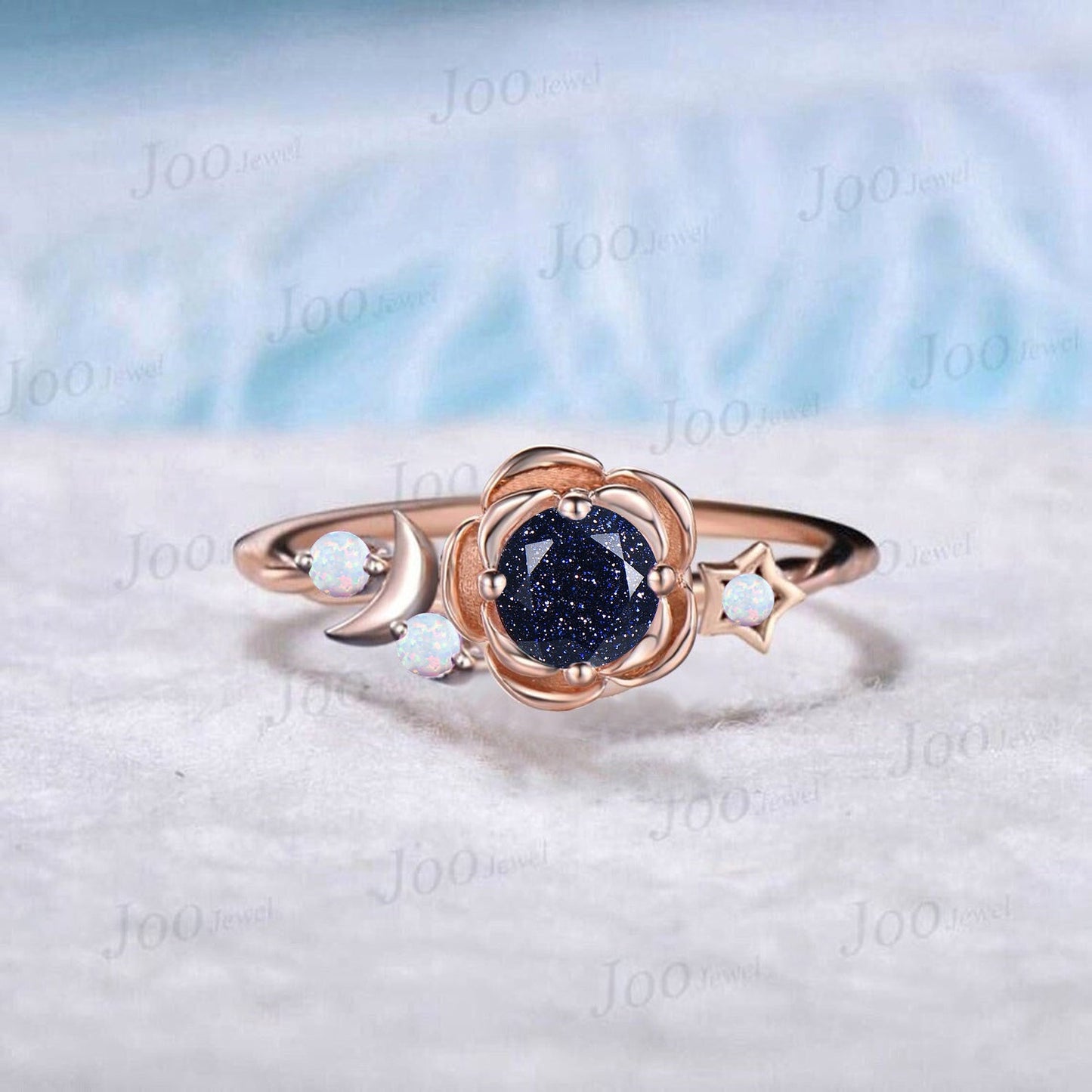 Rose Flower Round Galaxy Blue Sandstone Ring Nature Inspired Blue Goldstone Wedding Ring Cluster Amethyst Moon Star Design Proposal Rings