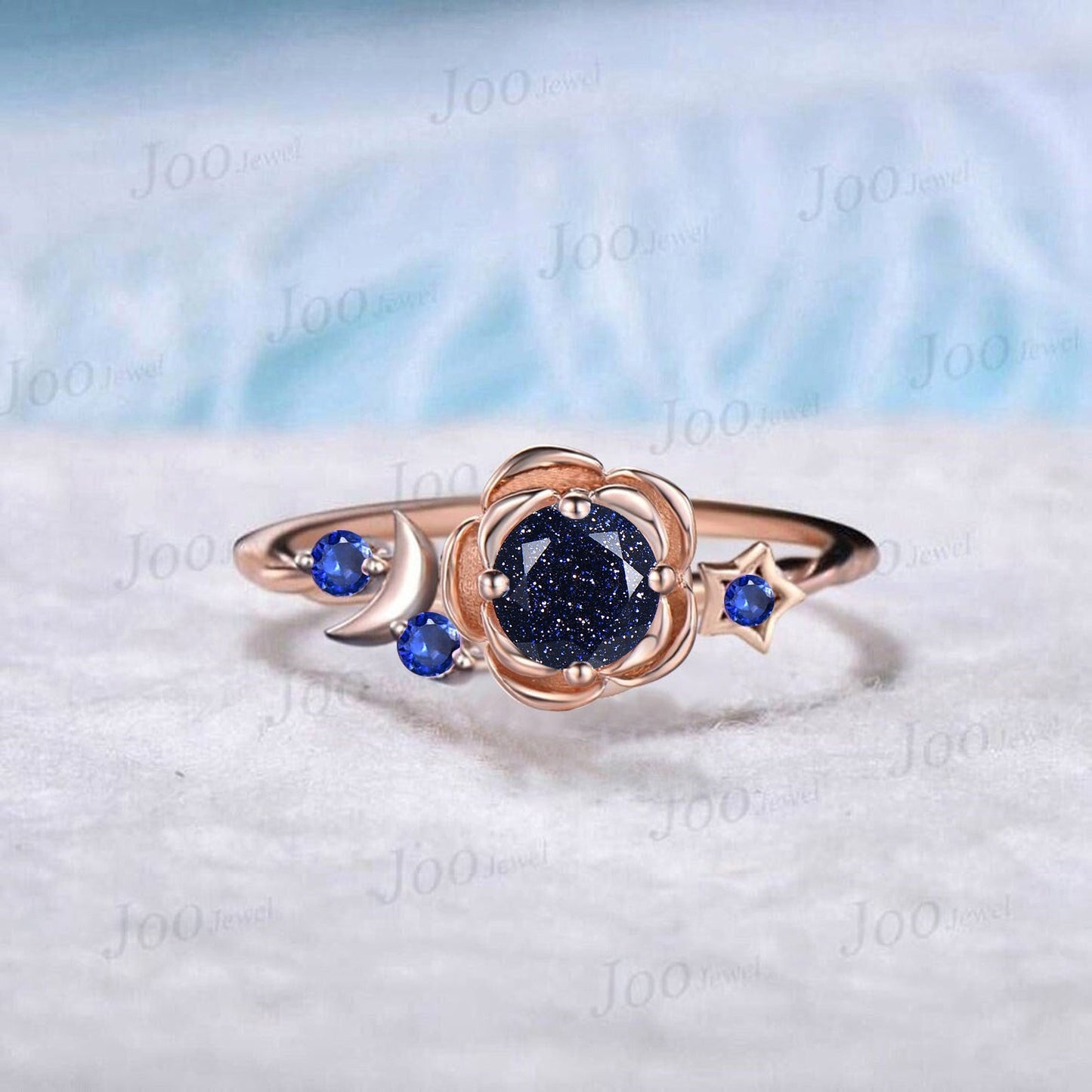 Rose Flower Round Galaxy Blue Sandstone Ring Nature Inspired Blue Goldstone Wedding Ring Cluster Amethyst Moon Star Design Proposal Rings