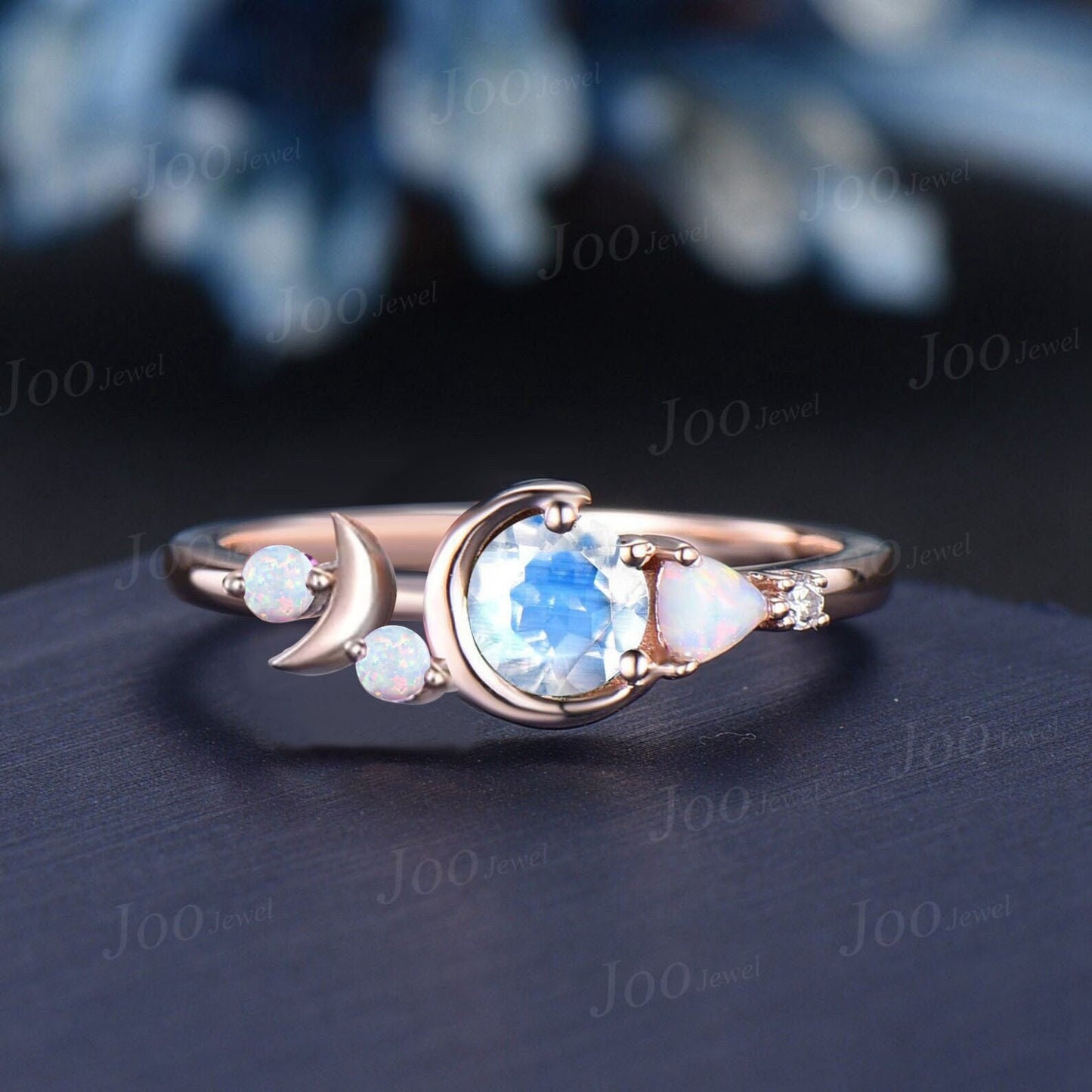 5mm Round Natural Rainbow Moonstone Opal Celestial Moon Engagement Ring Cluster Opal Wedding Ring Personalized Handcrafted Birthday Gifts